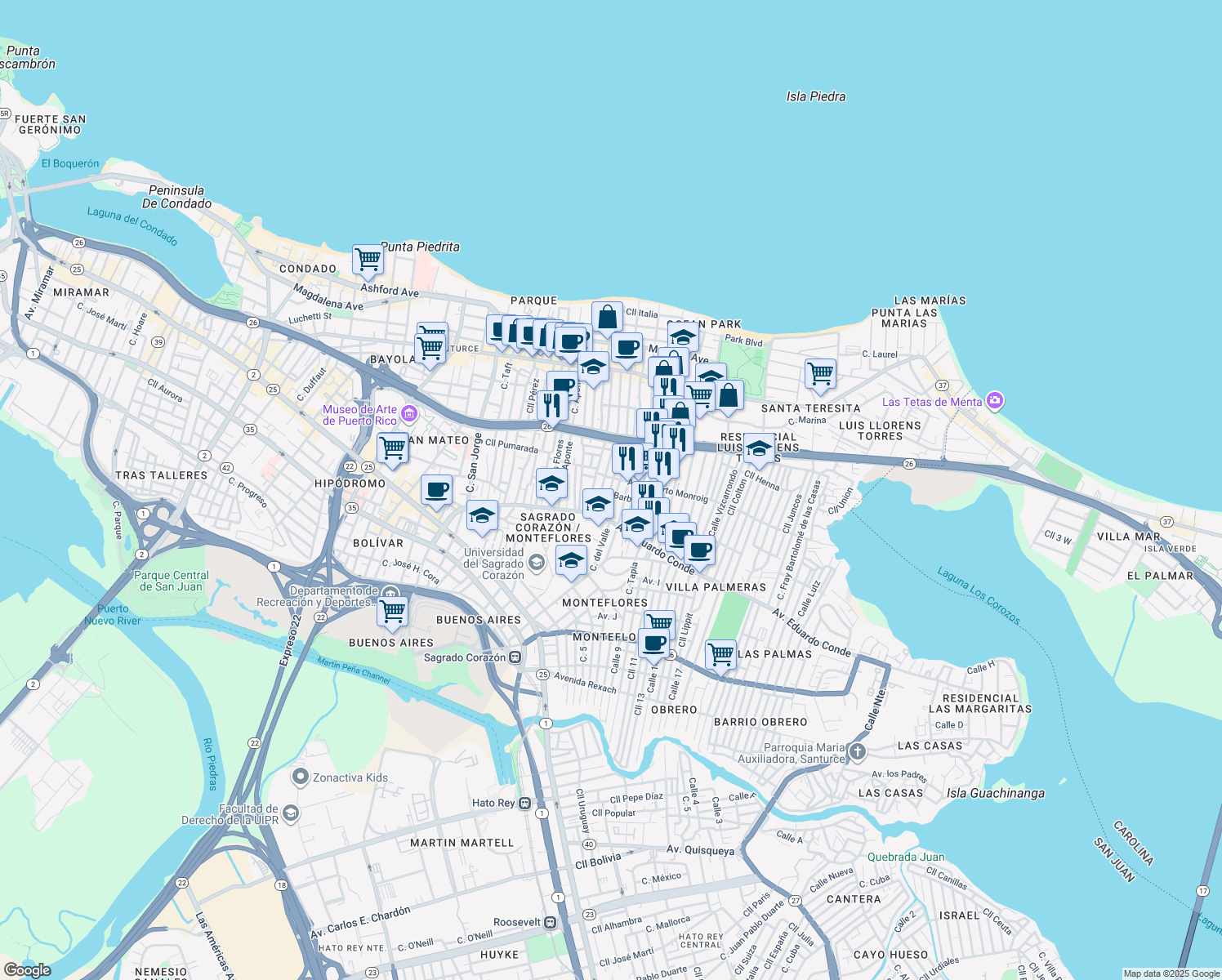 map of restaurants, bars, coffee shops, grocery stores, and more near 313 Calle Santa Cecilia in San Juan