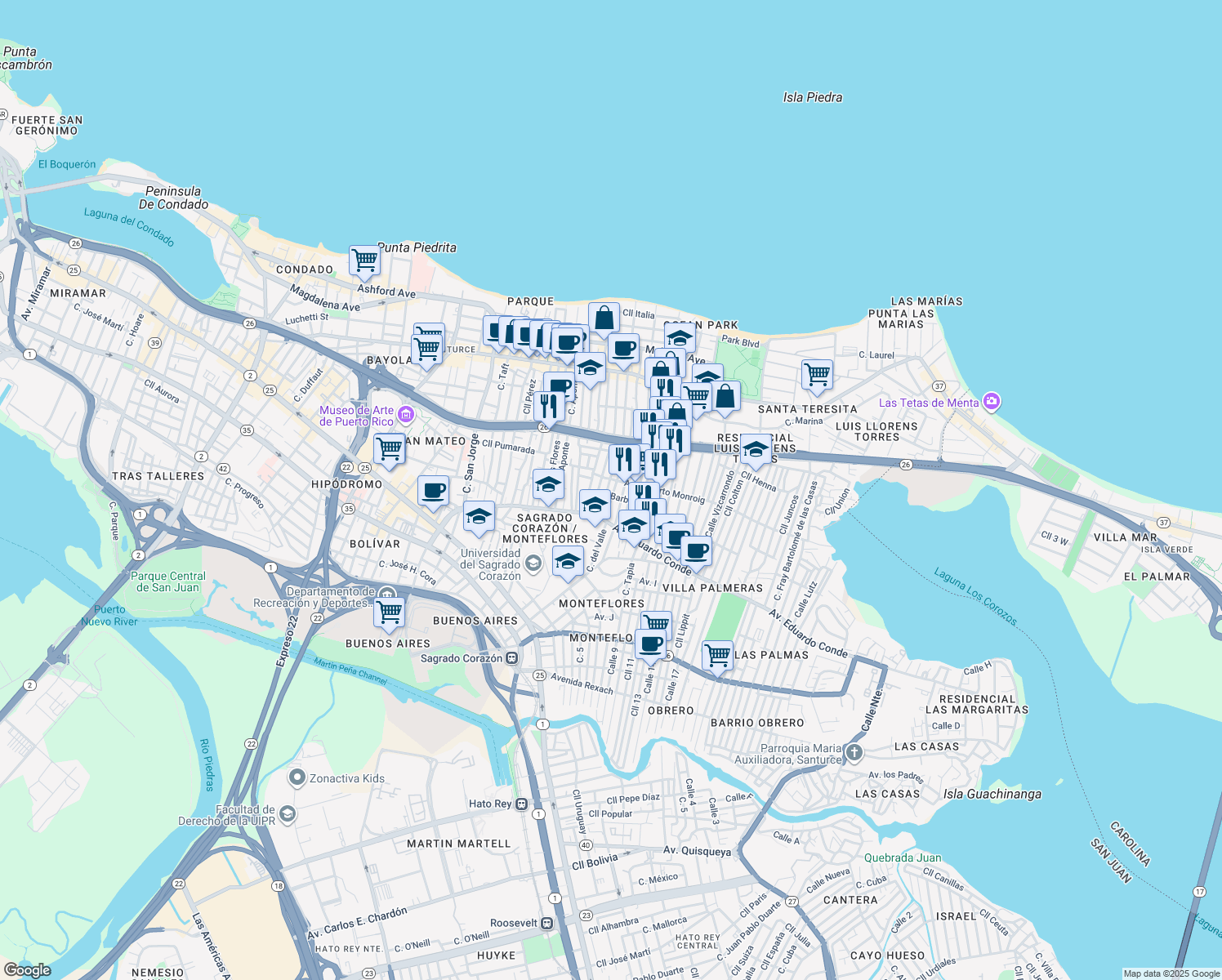 map of restaurants, bars, coffee shops, grocery stores, and more near 301-313 Calle Santa Cecilia in San Juan