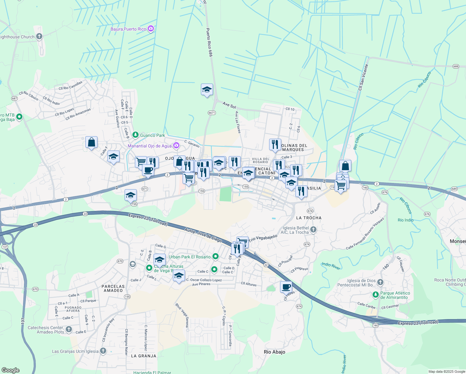 map of restaurants, bars, coffee shops, grocery stores, and more near Puerto Rico 155 in Vega Baja
