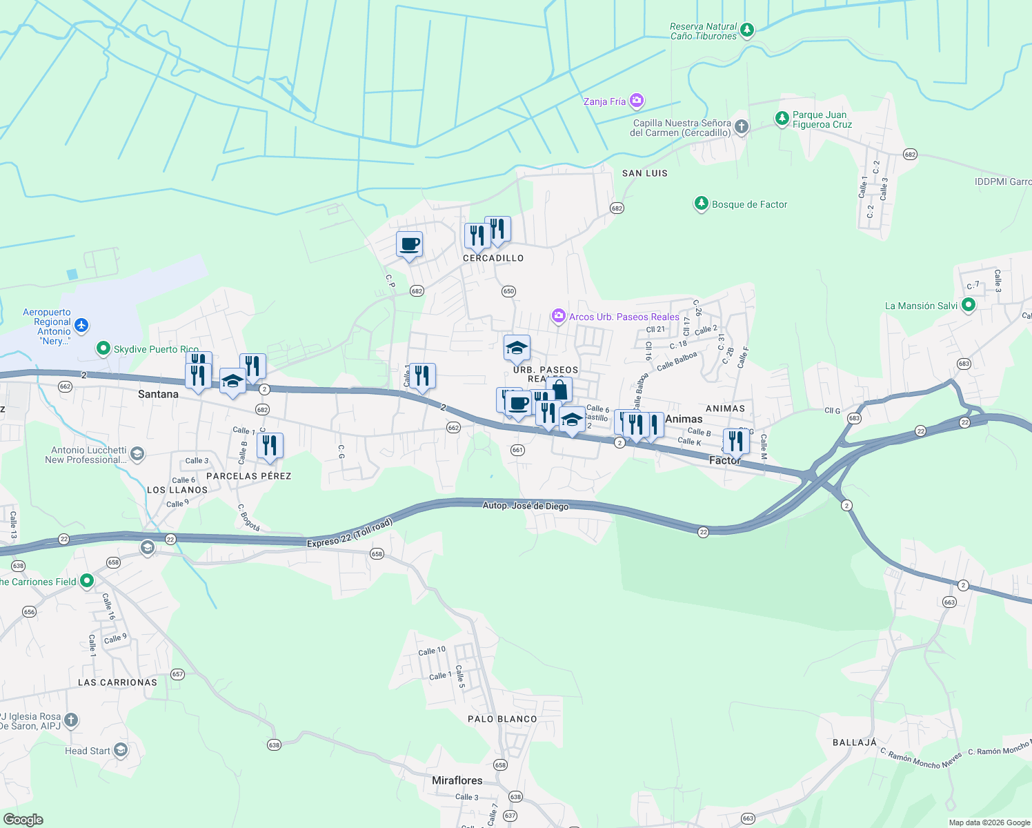 map of restaurants, bars, coffee shops, grocery stores, and more near Calle 4w in Arecibo