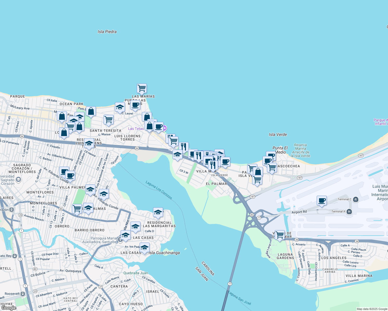 map of restaurants, bars, coffee shops, grocery stores, and more near 4327 Avenida Isla Verde in Carolina