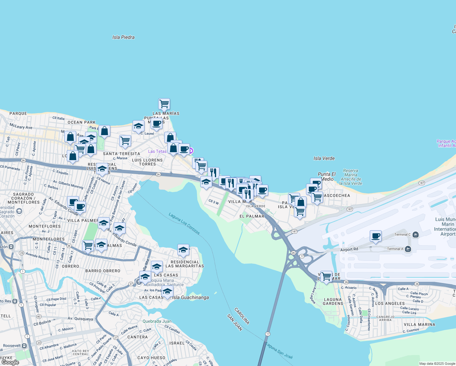 map of restaurants, bars, coffee shops, grocery stores, and more near 4429 Avenida Isla Verde in Carolina