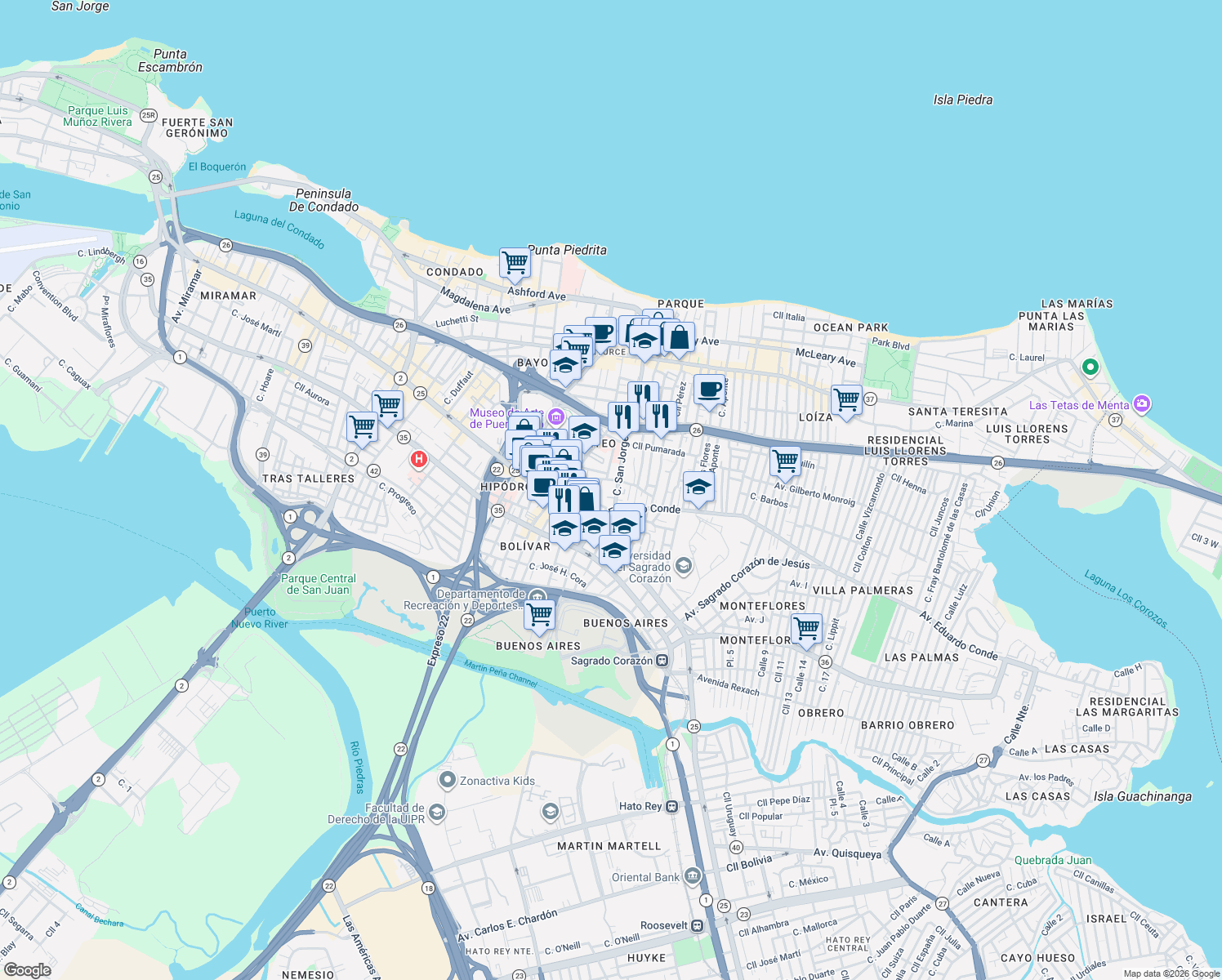 map of restaurants, bars, coffee shops, grocery stores, and more near 357-371 Calle San Jorge in San Juan