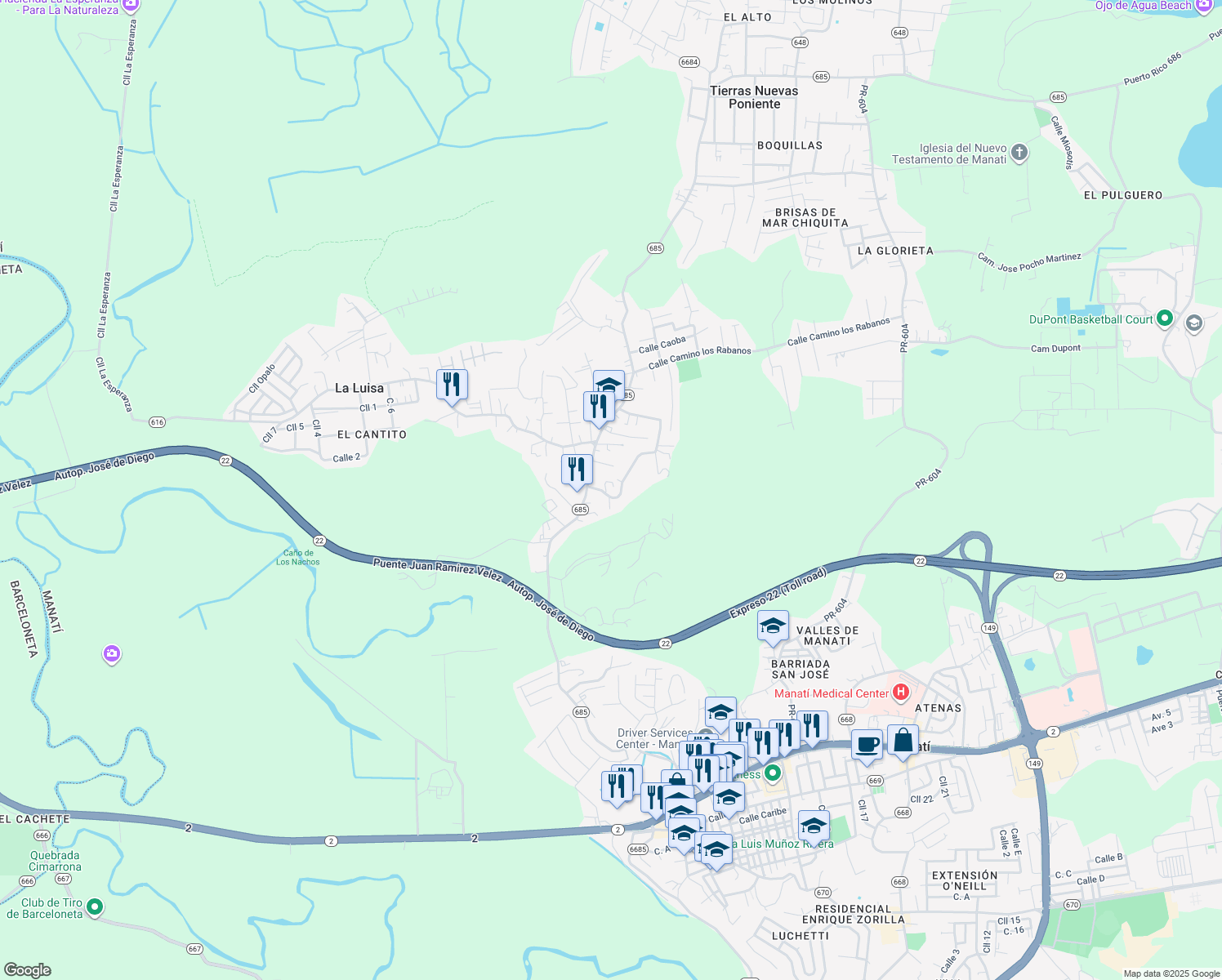 map of restaurants, bars, coffee shops, grocery stores, and more near in Tierras Nuevas Saliente