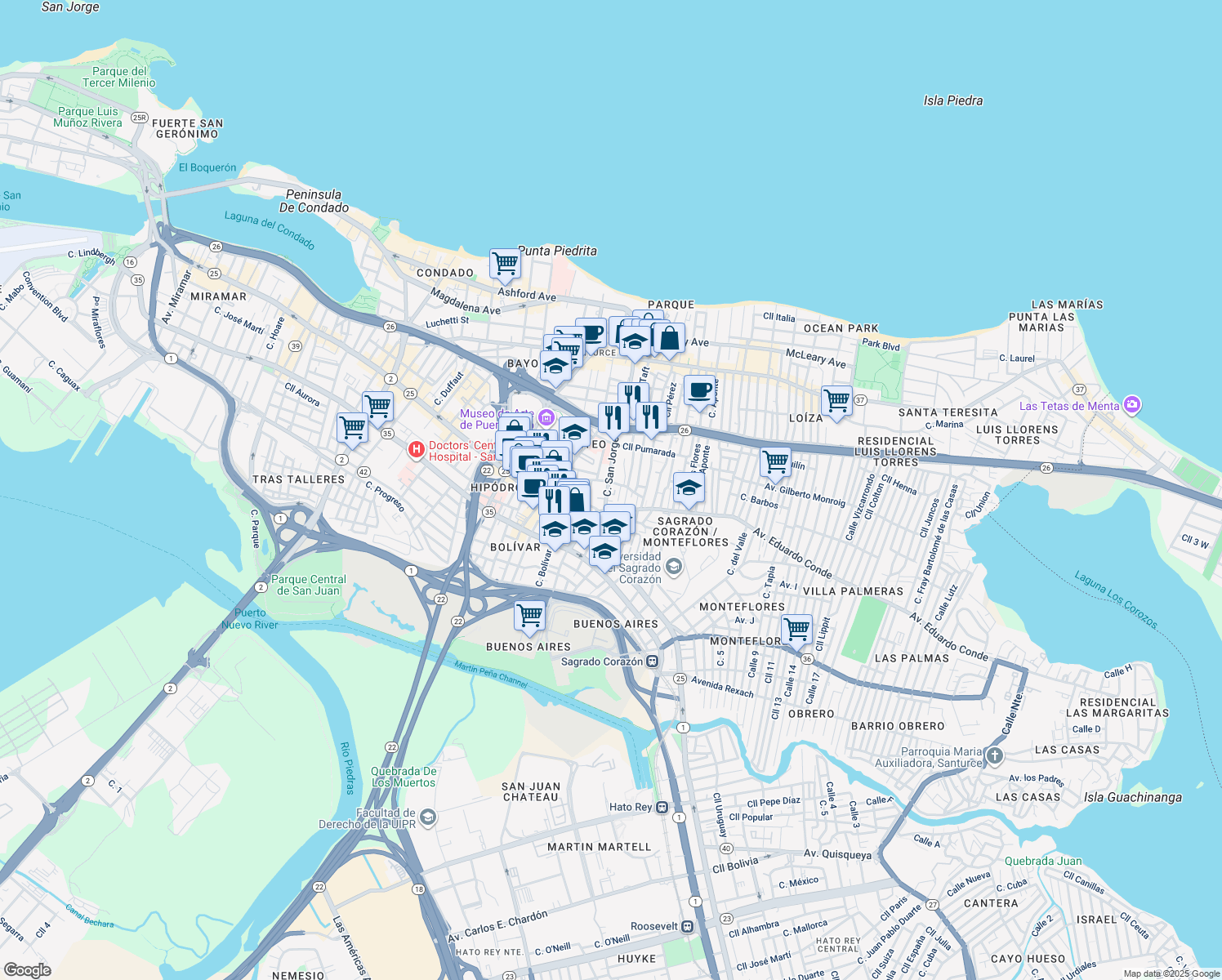 map of restaurants, bars, coffee shops, grocery stores, and more near 357 Calle San Jorge in San Juan