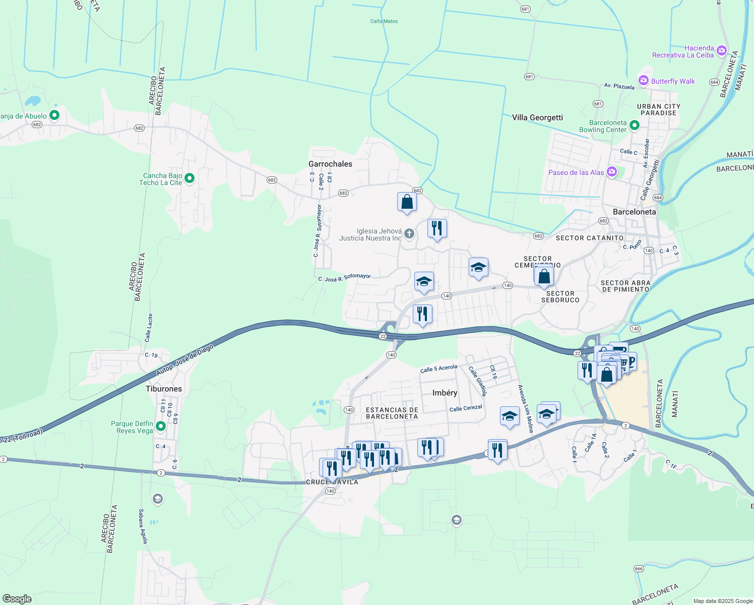 map of restaurants, bars, coffee shops, grocery stores, and more near Calle Los Cedros in Florida Afuera
