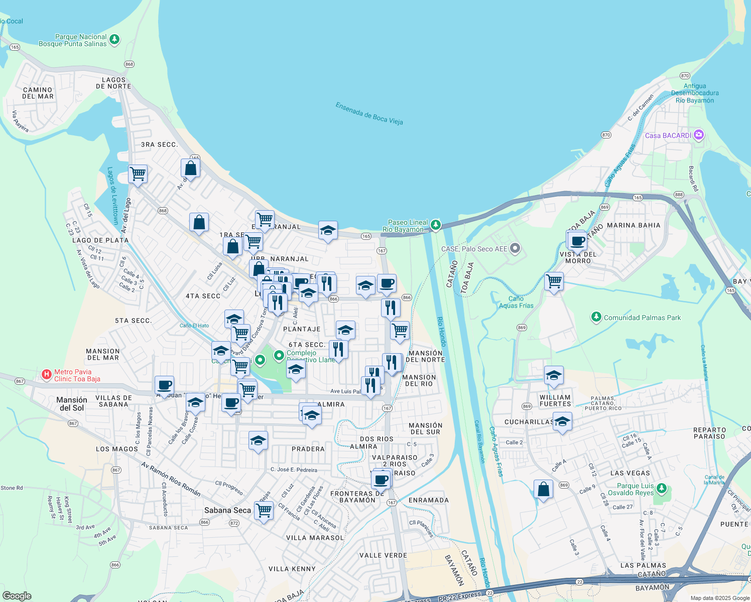 map of restaurants, bars, coffee shops, grocery stores, and more near Highway 167 in Toa Baja