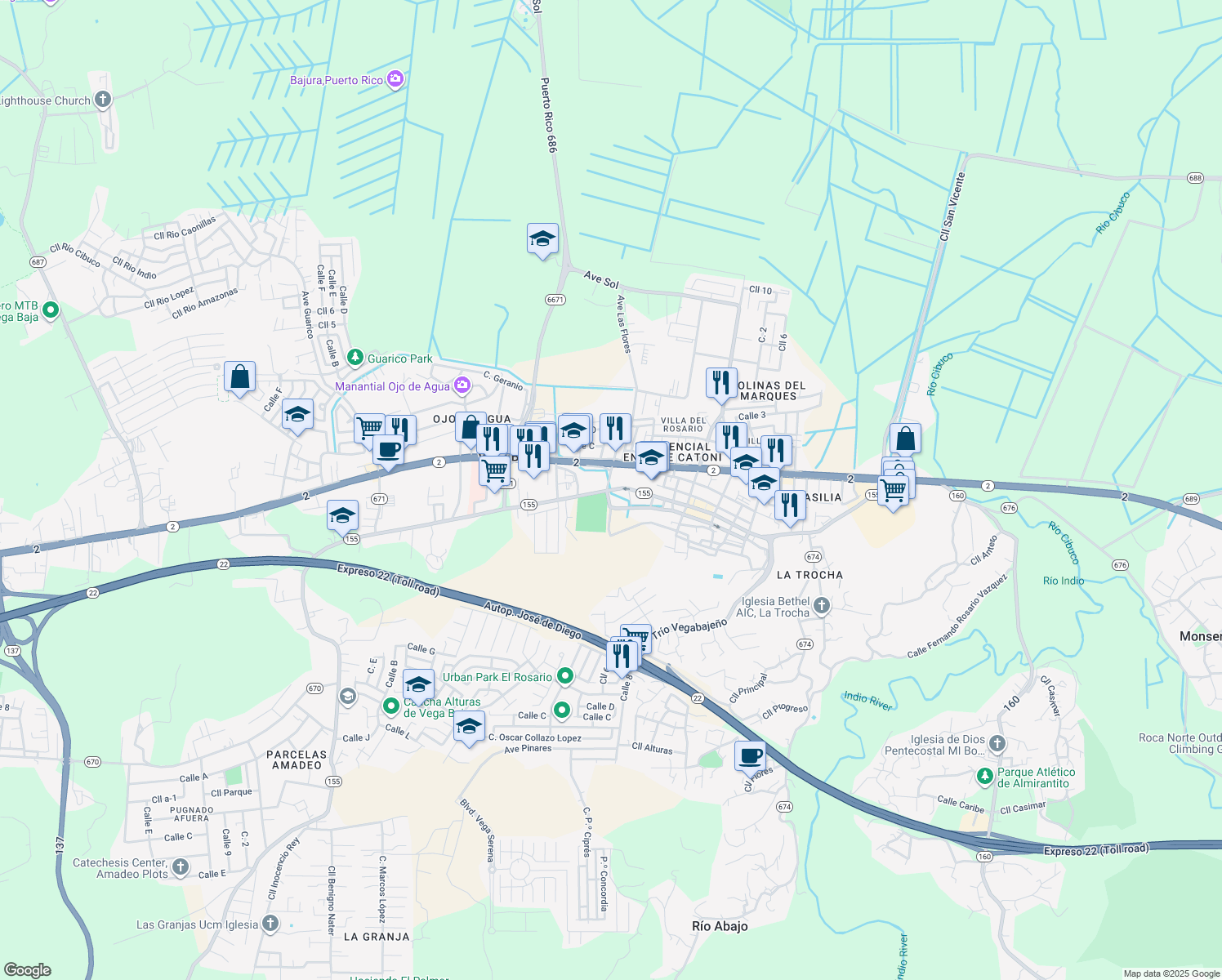map of restaurants, bars, coffee shops, grocery stores, and more near Puerto Rico 155 in Vega Baja