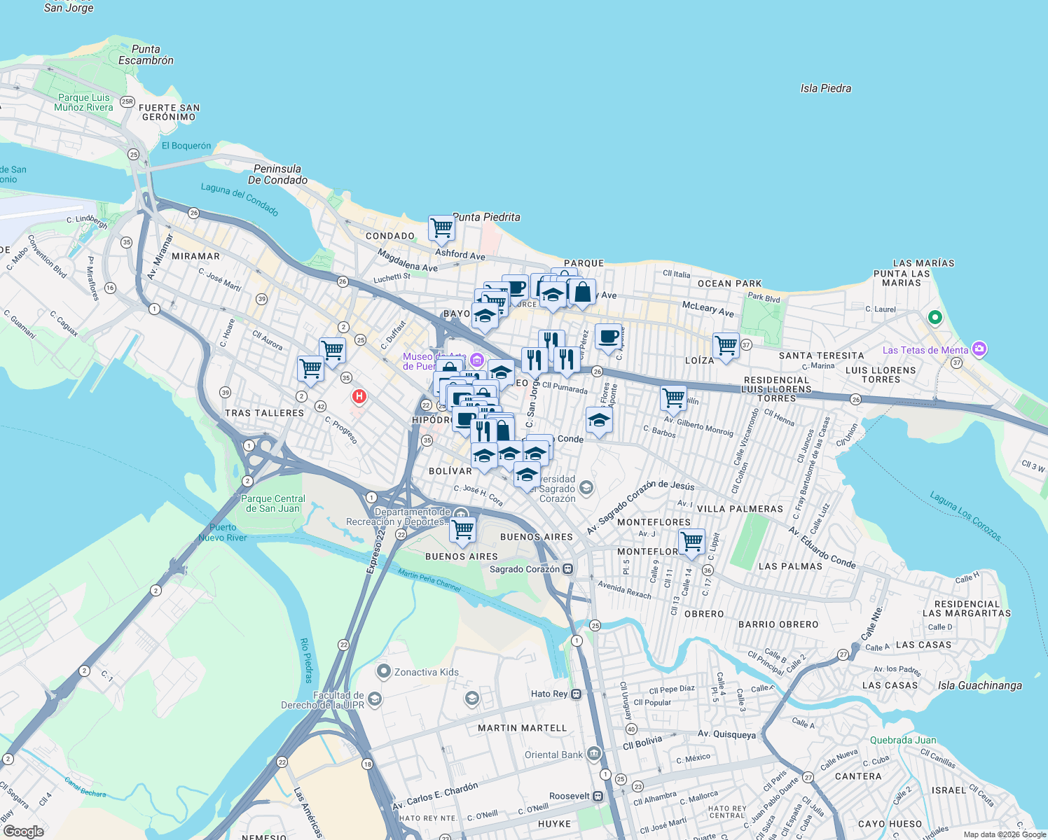 map of restaurants, bars, coffee shops, grocery stores, and more near 357-371 Calle San Jorge in San Juan
