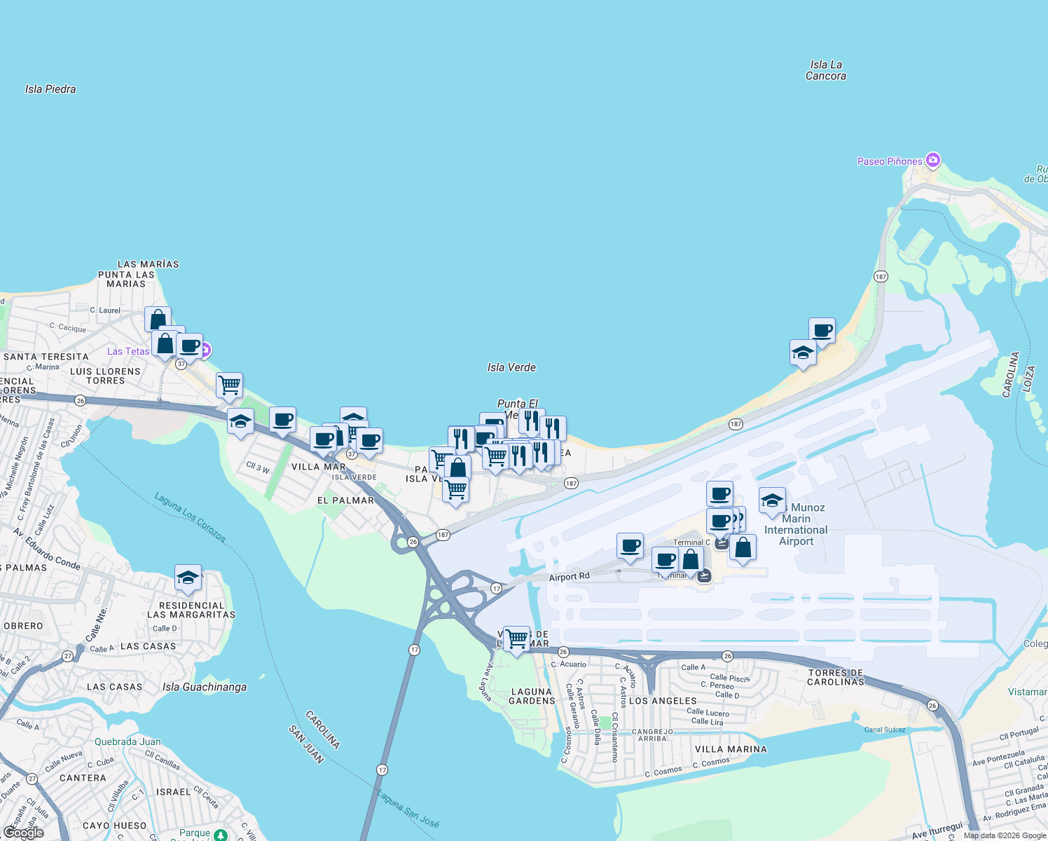 map of restaurants, bars, coffee shops, grocery stores, and more near 10 Calle Gardenia in Carolina
