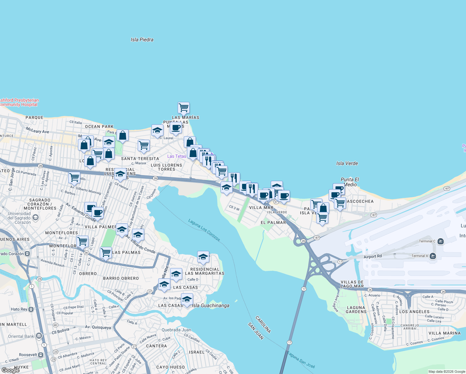 map of restaurants, bars, coffee shops, grocery stores, and more near 3106 Avenida Isla Verde in Carolina