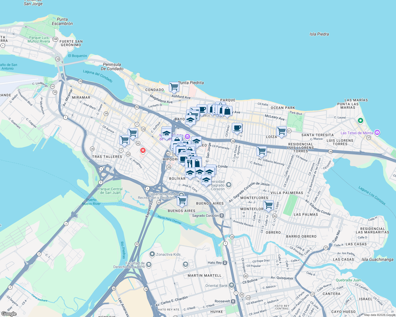 map of restaurants, bars, coffee shops, grocery stores, and more near 360 Calle Fuerte in San Juan