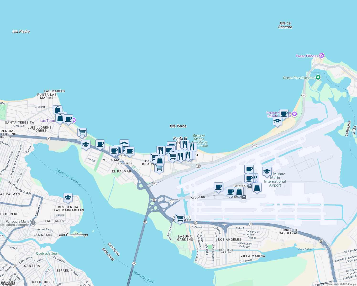 map of restaurants, bars, coffee shops, grocery stores, and more near 10 Calle Gardenia in Carolina