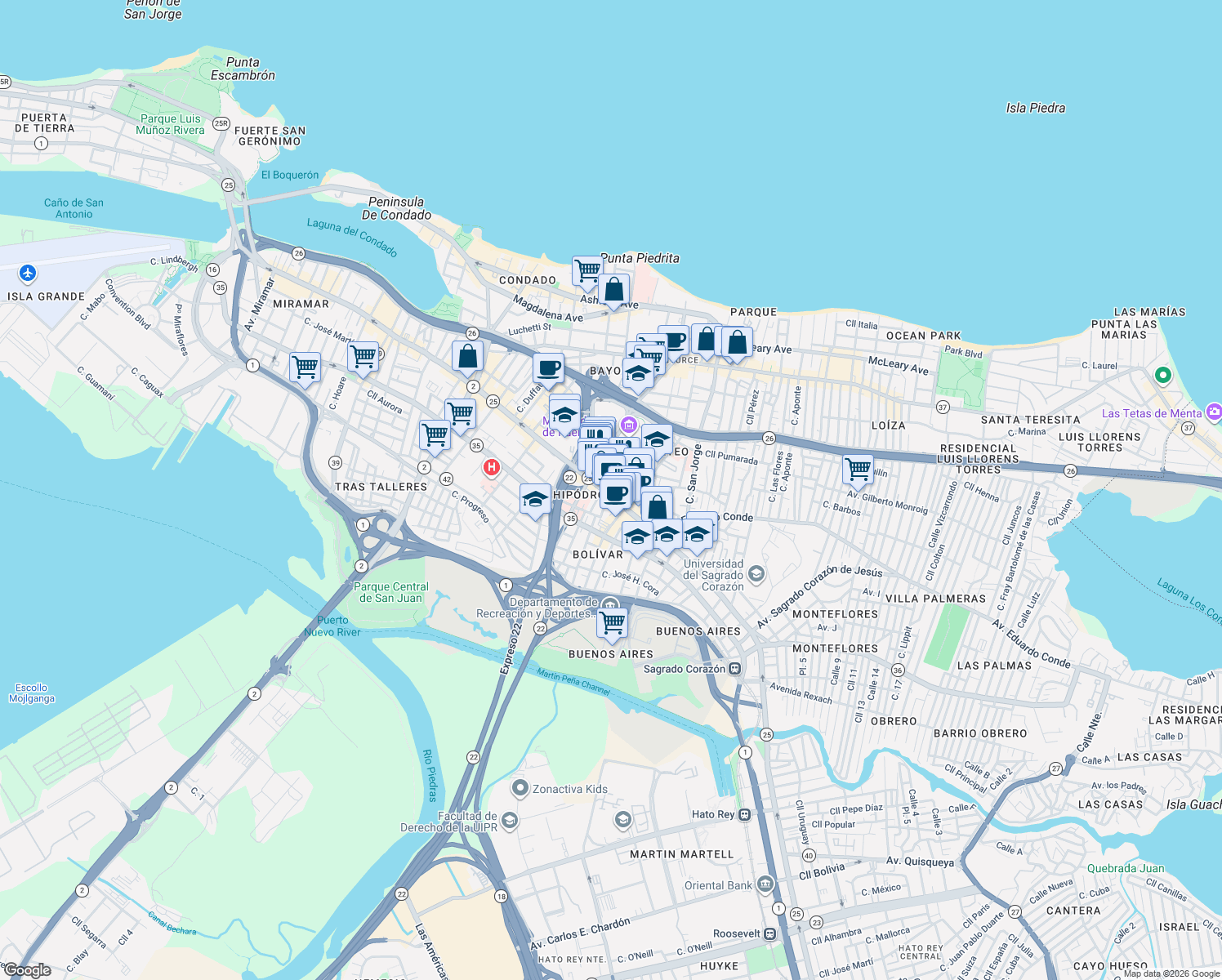 map of restaurants, bars, coffee shops, grocery stores, and more near 1508 Puerto Rico 25 in San Juan