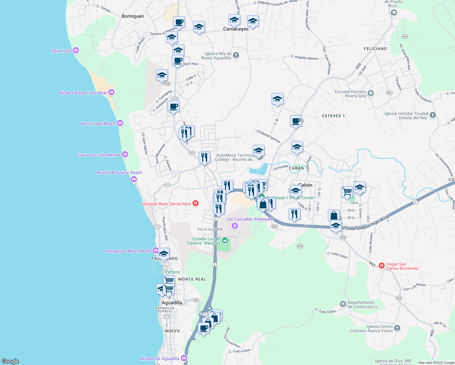map of restaurants, bars, coffee shops, grocery stores, and more near Calle Rafael H Rodriguez in Camaceyes