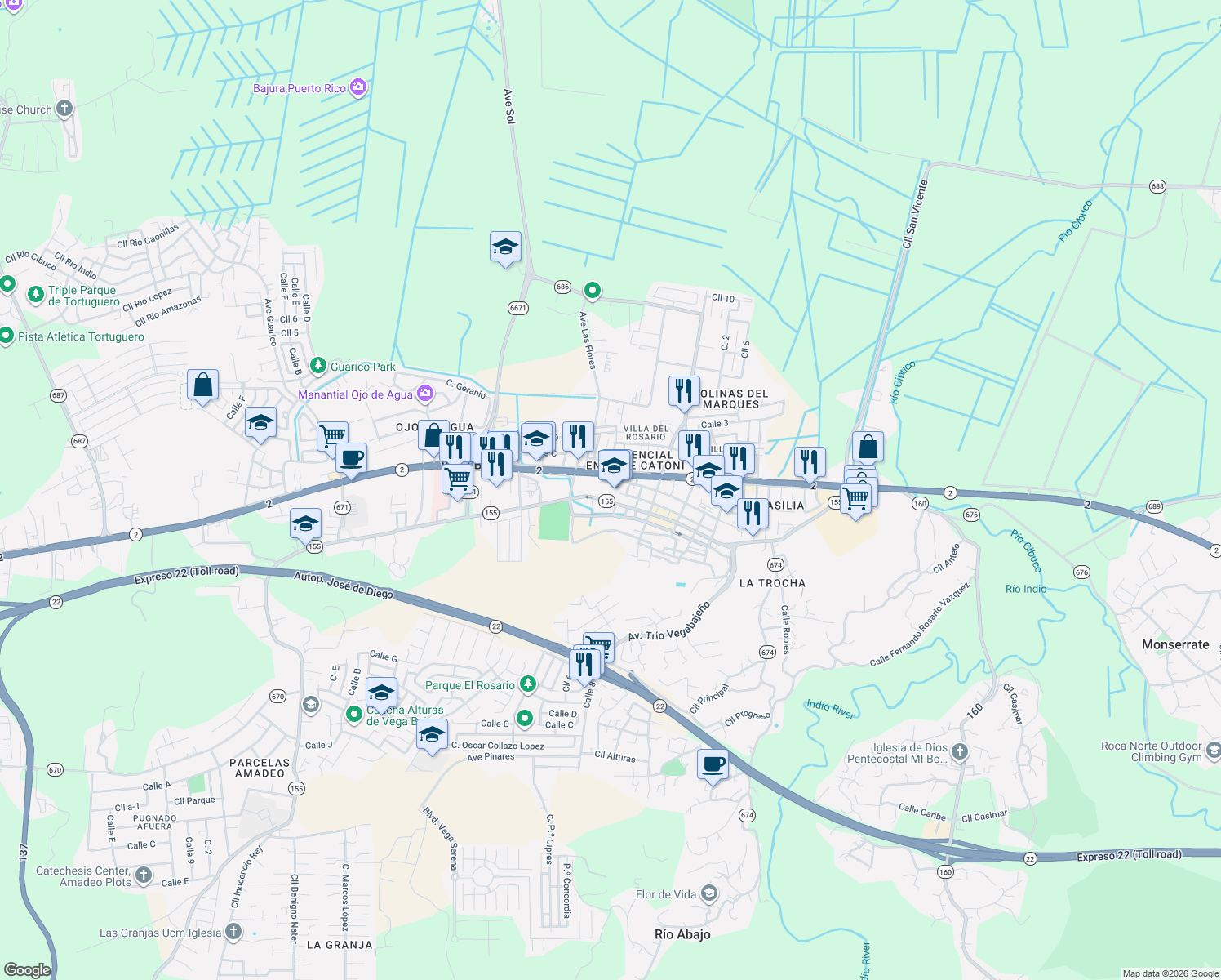 map of restaurants, bars, coffee shops, grocery stores, and more near Highway 2 in Vega Baja