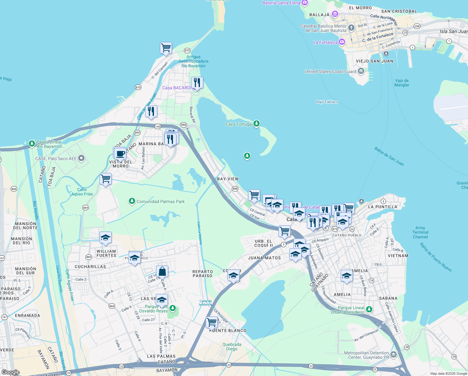 map of restaurants, bars, coffee shops, grocery stores, and more near PR-88 in Cataño