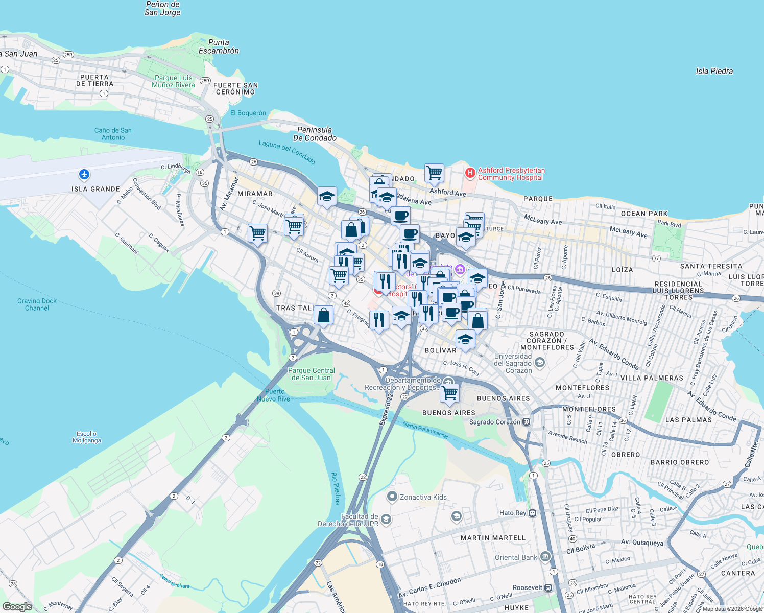 map of restaurants, bars, coffee shops, grocery stores, and more near 1401 Calle Feria in San Juan