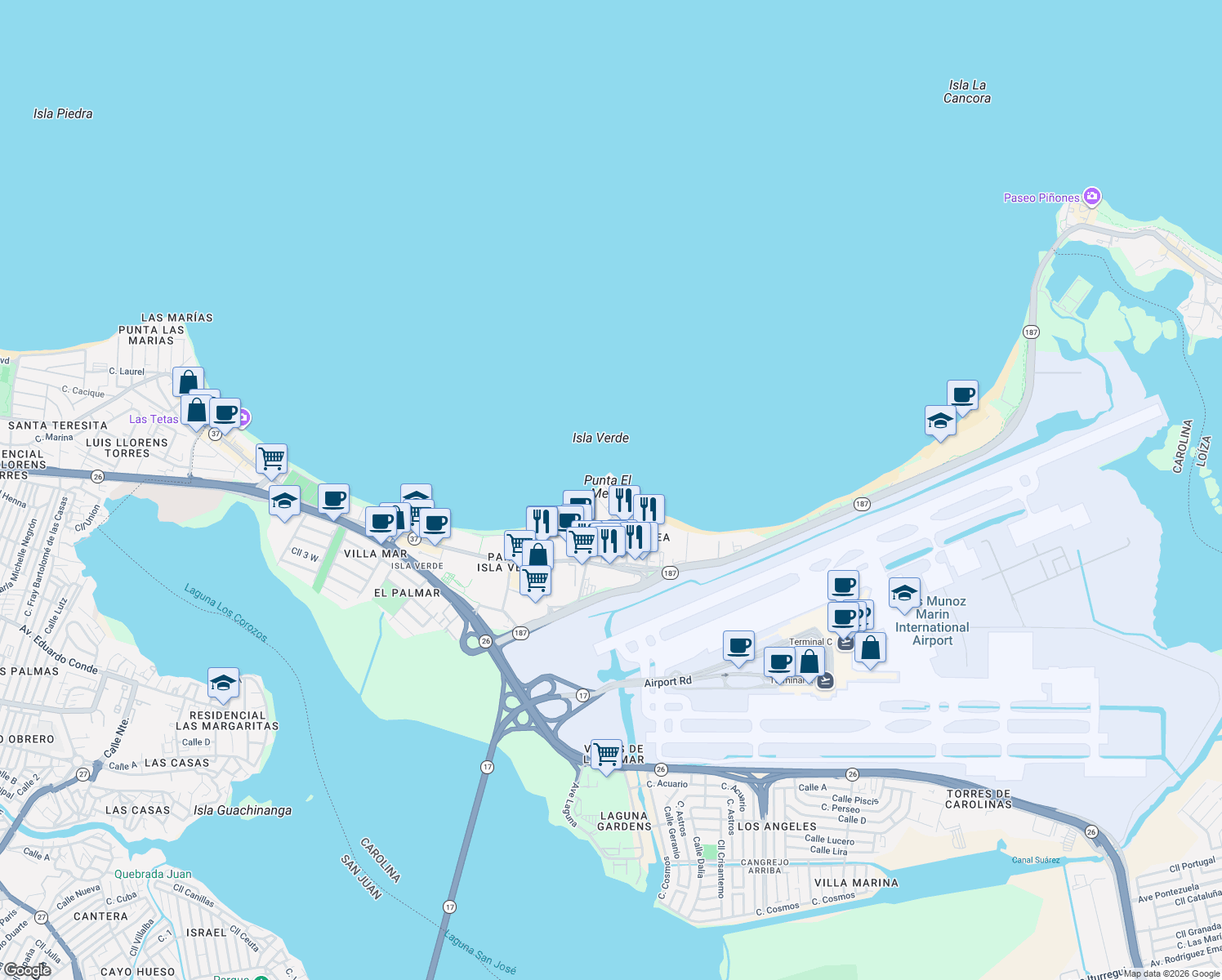 map of restaurants, bars, coffee shops, grocery stores, and more near 10 Calle Gardenia in Carolina