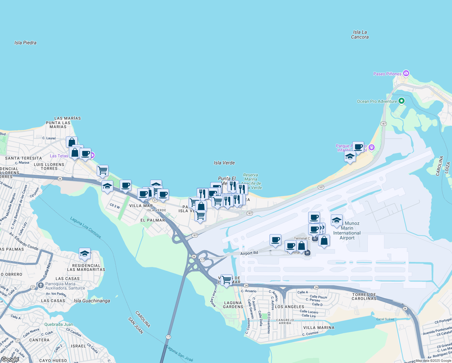 map of restaurants, bars, coffee shops, grocery stores, and more near 10 Calle Gardenia in Carolina