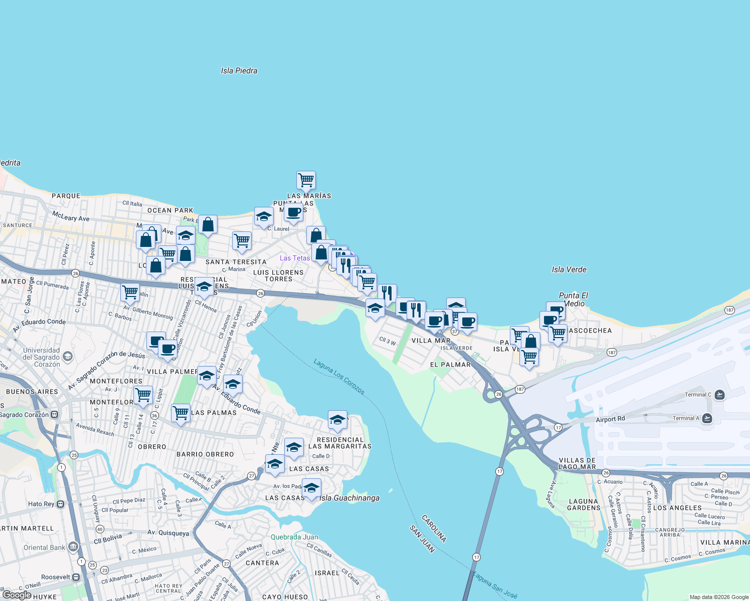 map of restaurants, bars, coffee shops, grocery stores, and more near 3106 Avenida Isla Verde in Carolina