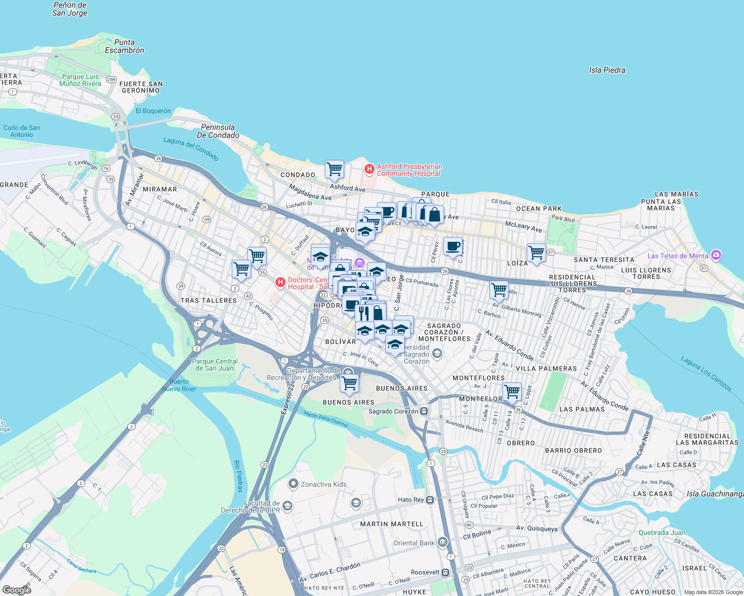map of restaurants, bars, coffee shops, grocery stores, and more near in San Juan