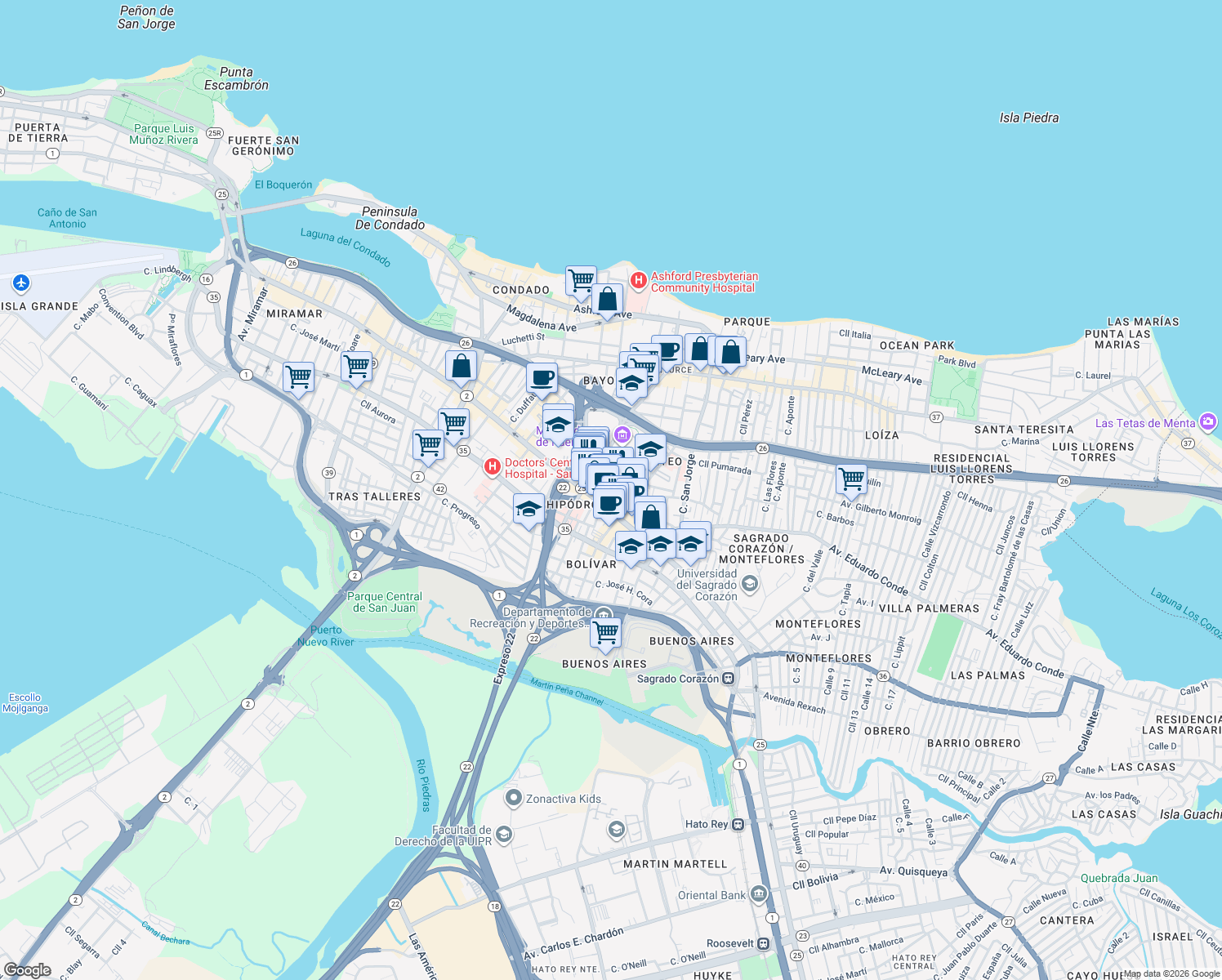 map of restaurants, bars, coffee shops, grocery stores, and more near 1508 Puerto Rico 25 in San Juan