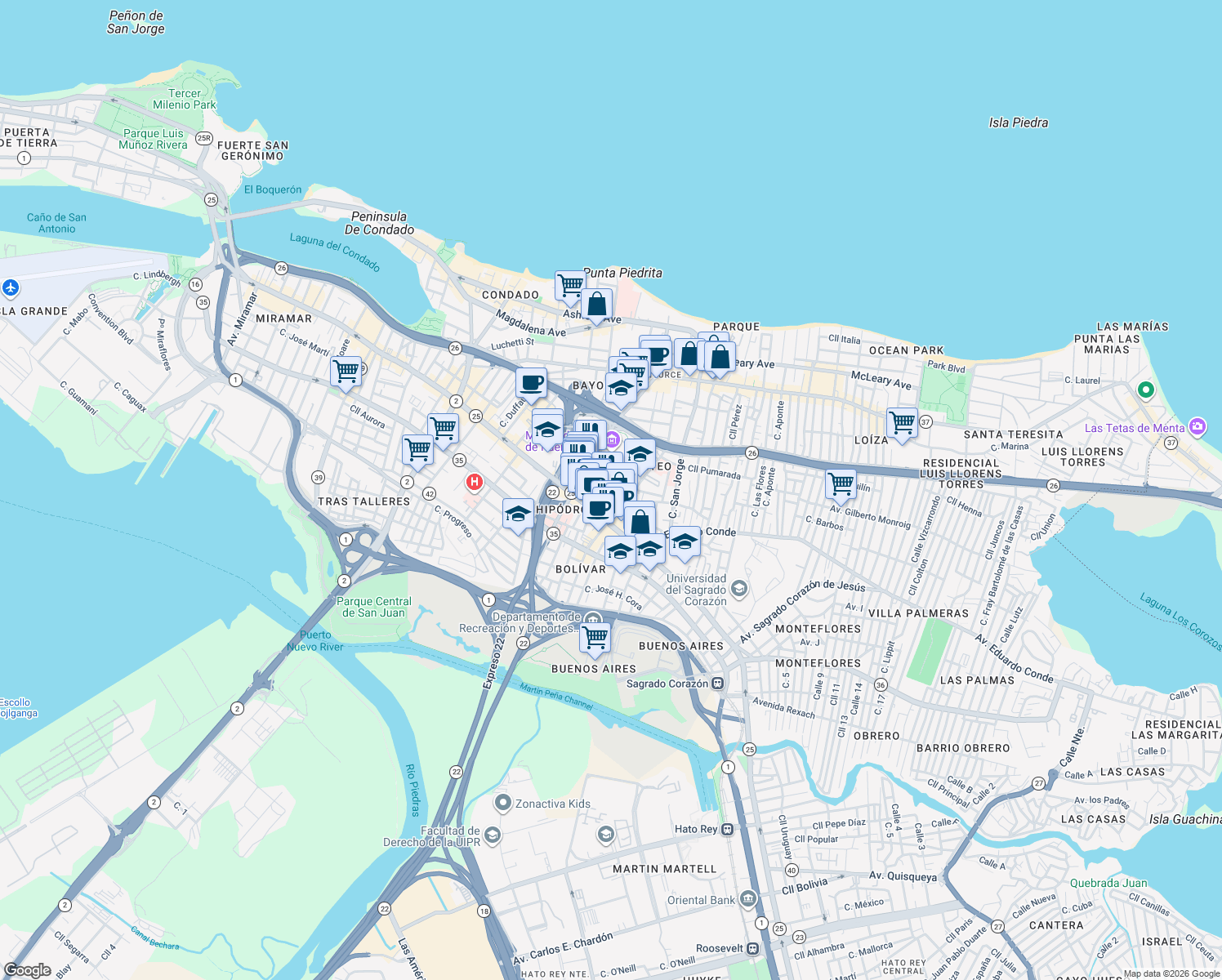 map of restaurants, bars, coffee shops, grocery stores, and more near 338-344 Calle Iglesias in San Juan