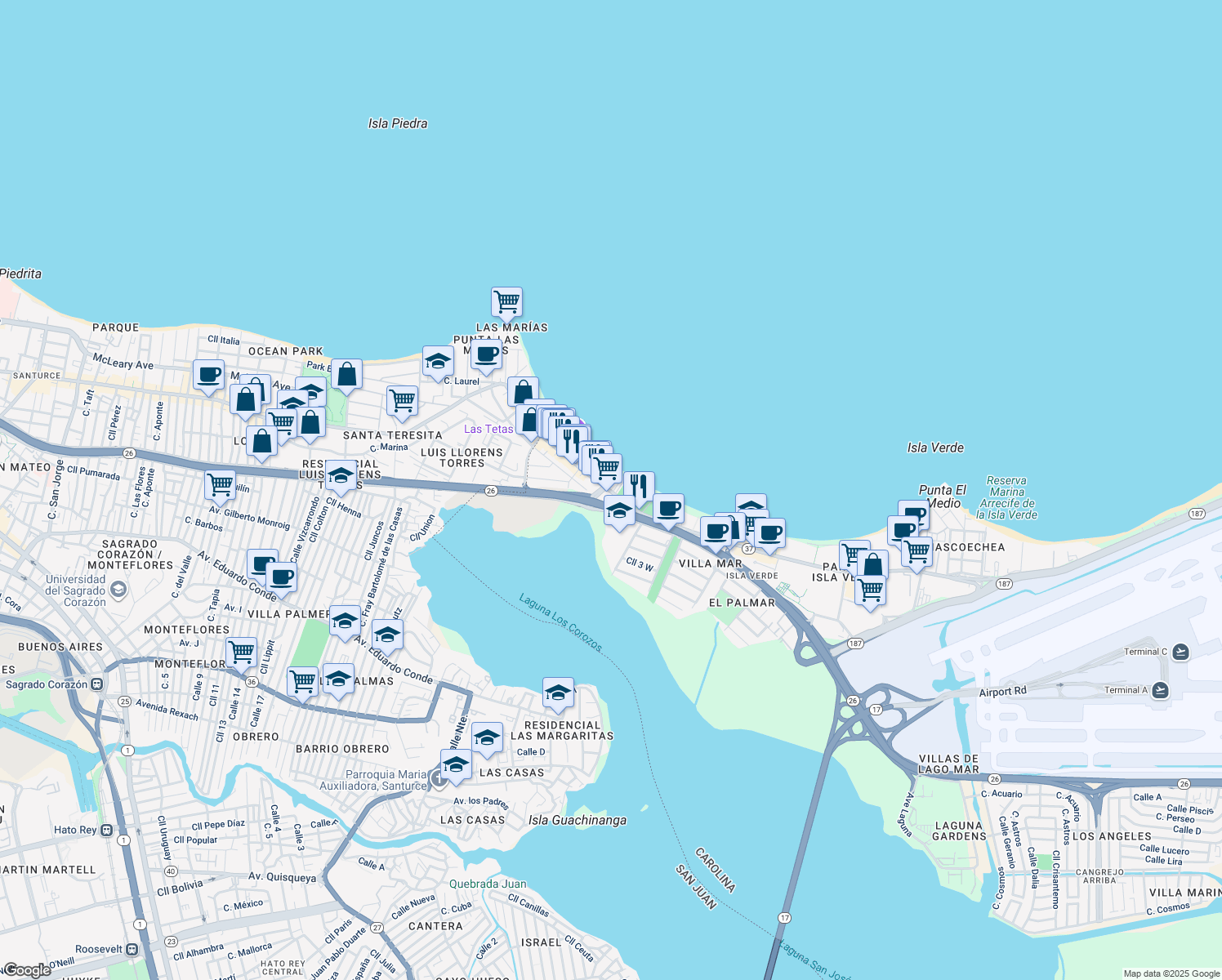 map of restaurants, bars, coffee shops, grocery stores, and more near Puerto Rico 37 in Carolina