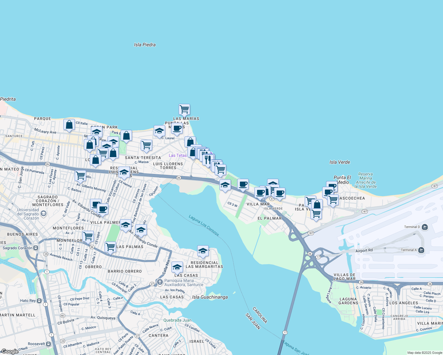 map of restaurants, bars, coffee shops, grocery stores, and more near 3819 Avenida Isla Verde in Carolina