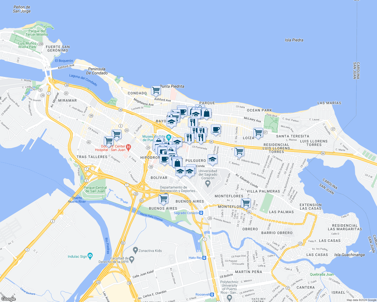 map of restaurants, bars, coffee shops, grocery stores, and more near in San Juan