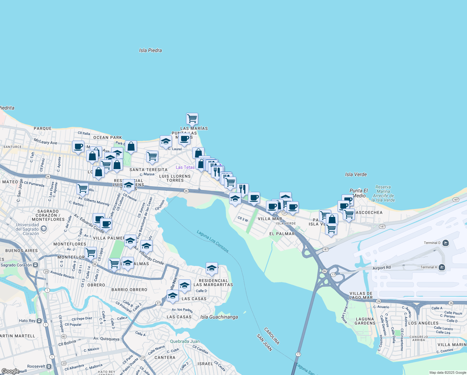 map of restaurants, bars, coffee shops, grocery stores, and more near Puerto Rico 37 in Carolina