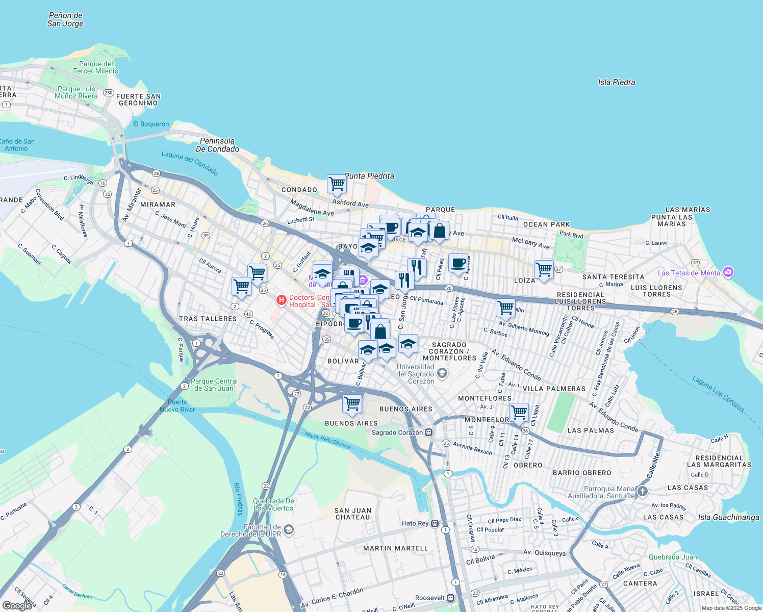 map of restaurants, bars, coffee shops, grocery stores, and more near 221-235 Calle Del Parque in San Juan