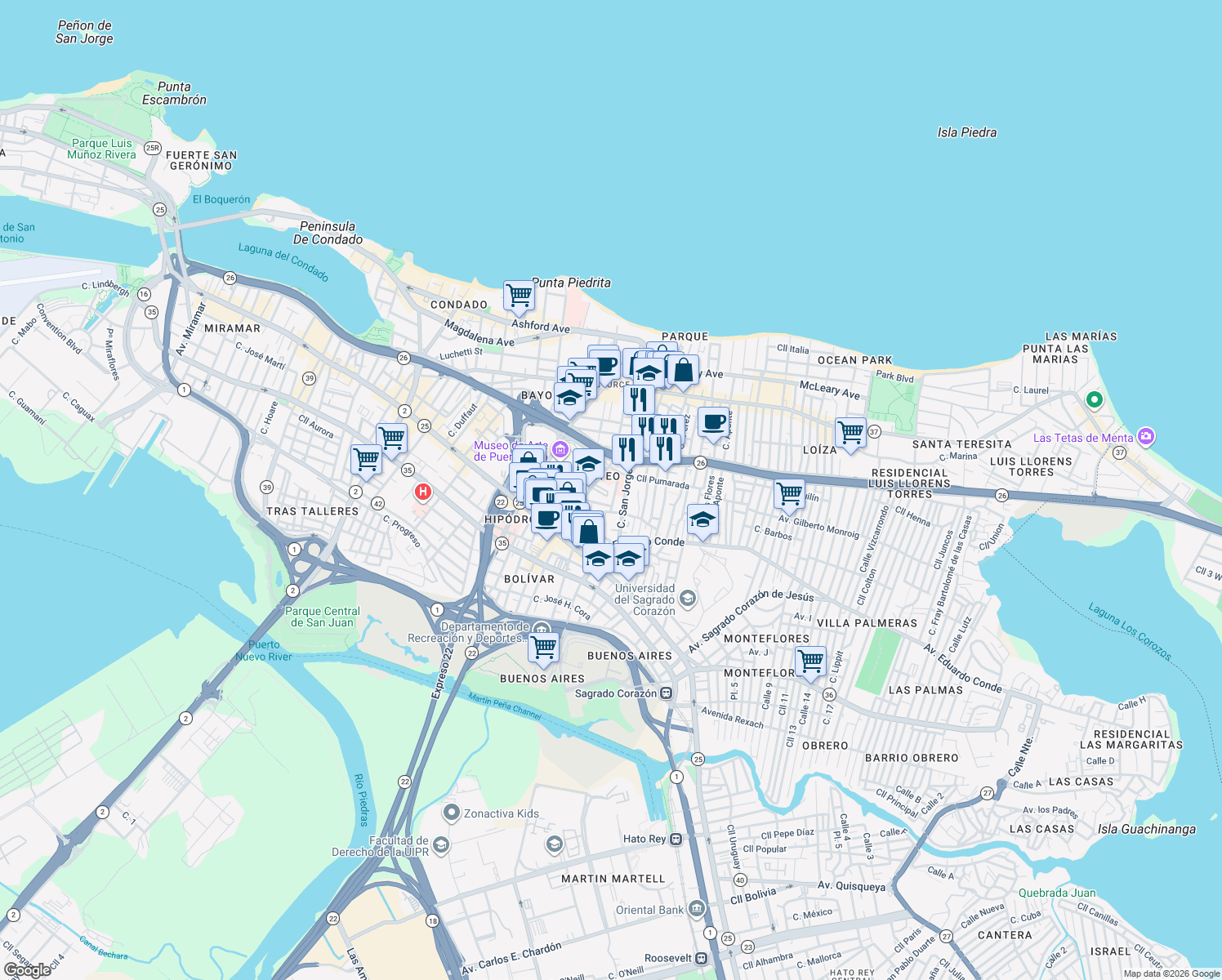 map of restaurants, bars, coffee shops, grocery stores, and more near in San Juan
