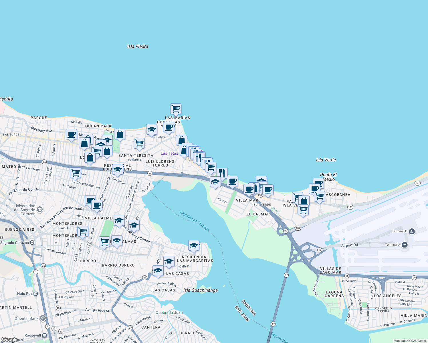 map of restaurants, bars, coffee shops, grocery stores, and more near Puerto Rico 37 in Carolina