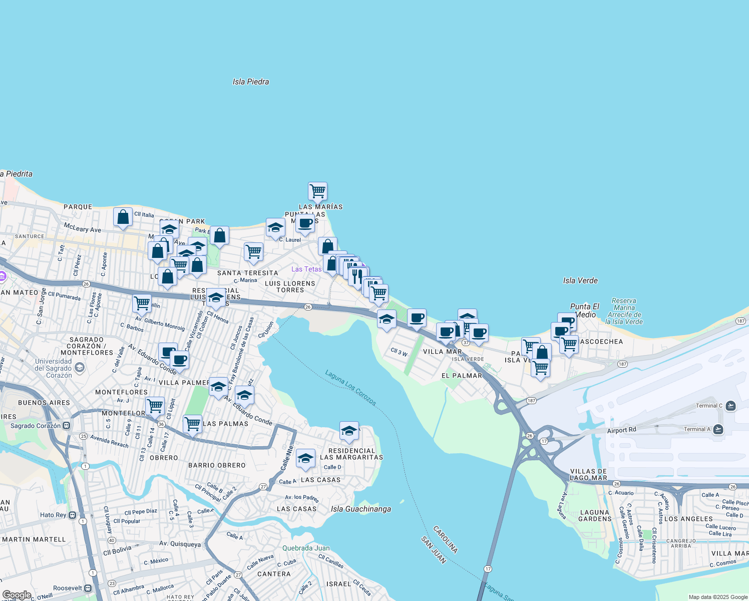 map of restaurants, bars, coffee shops, grocery stores, and more near 3819 Avenida Isla Verde in Carolina