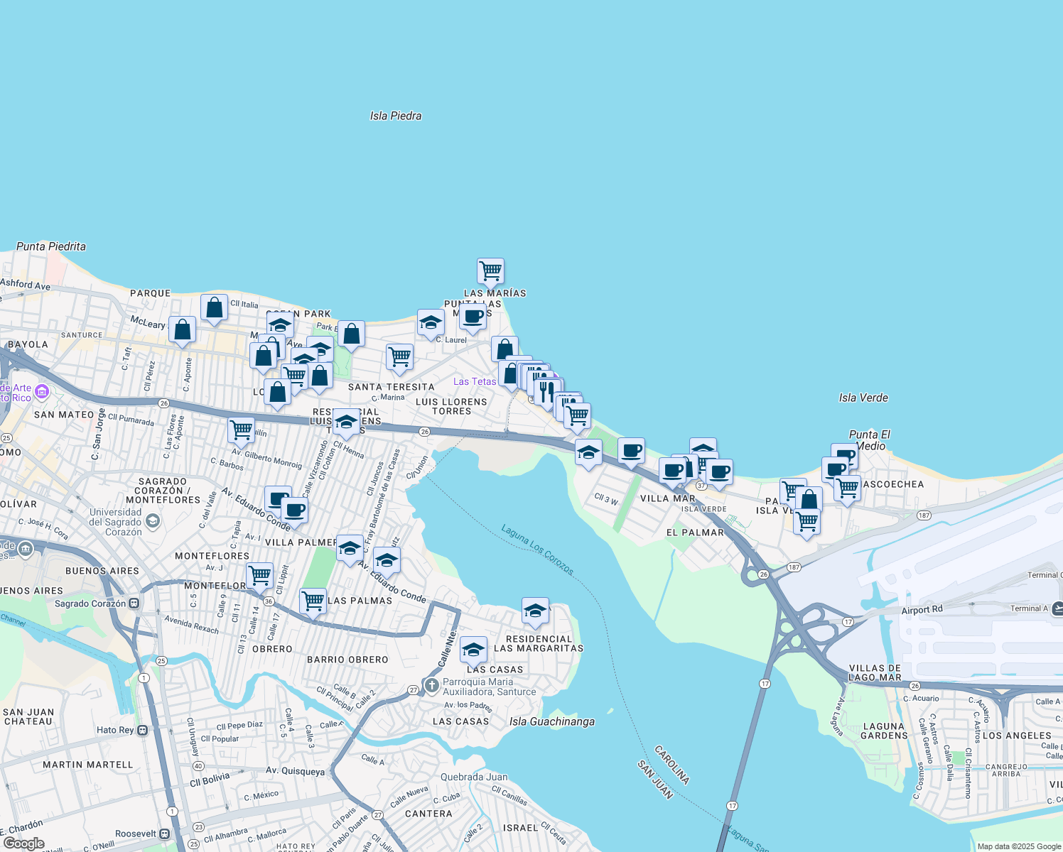map of restaurants, bars, coffee shops, grocery stores, and more near 3060 Avenida Isla Verde in Carolina