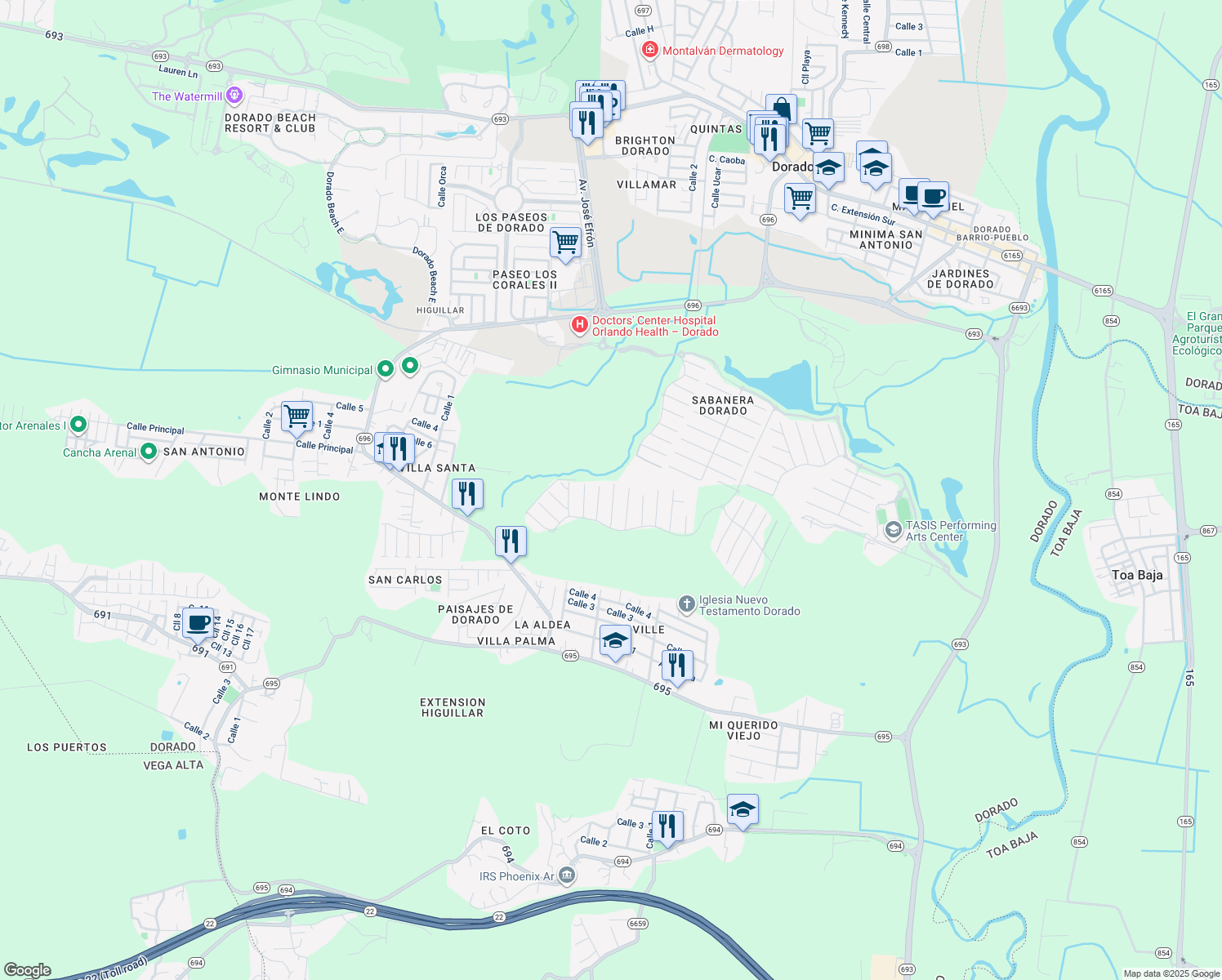 map of restaurants, bars, coffee shops, grocery stores, and more near Camino del Yunque in Dorado