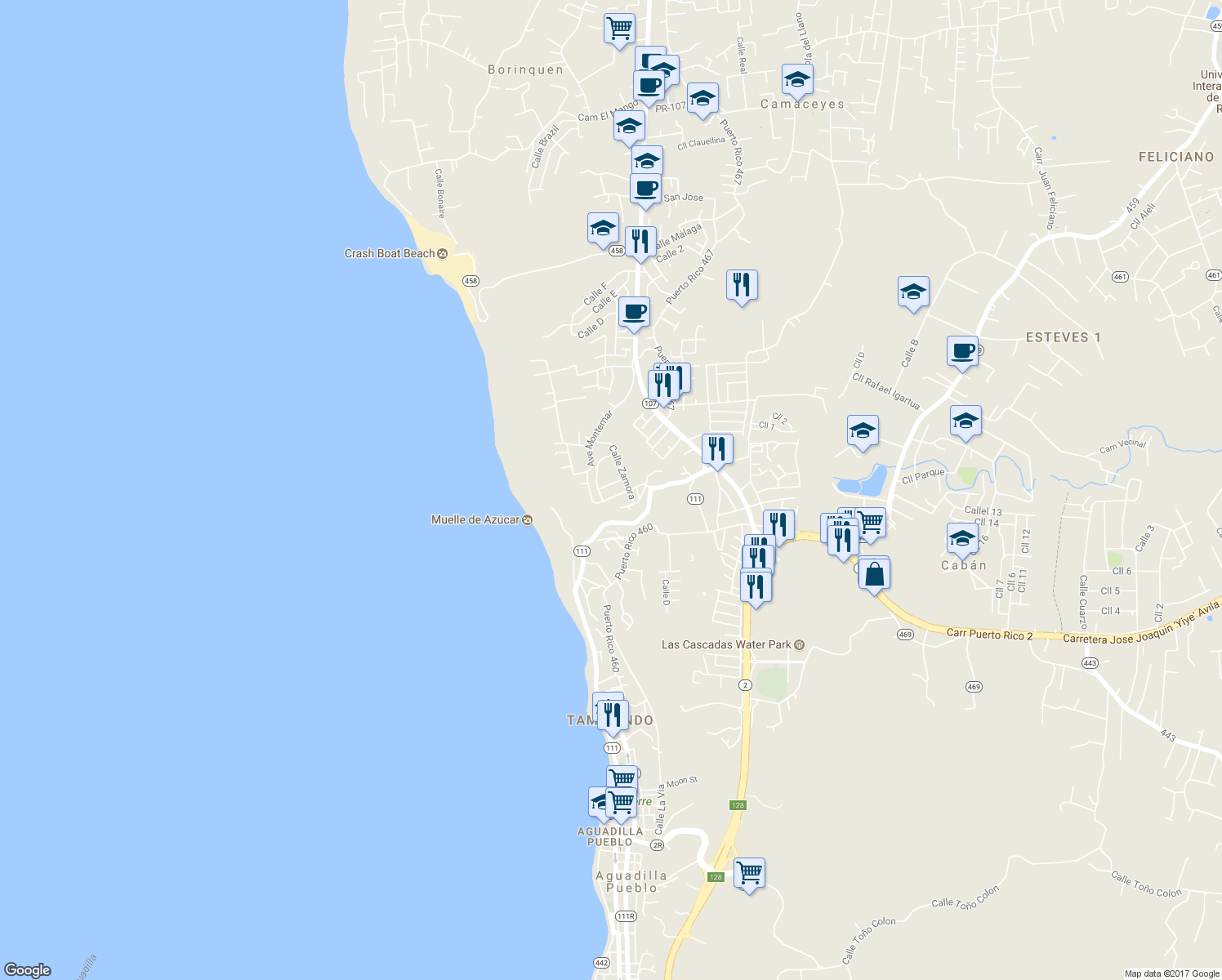 map of restaurants, bars, coffee shops, grocery stores, and more near 9 Calle Cardona in Aguadilla