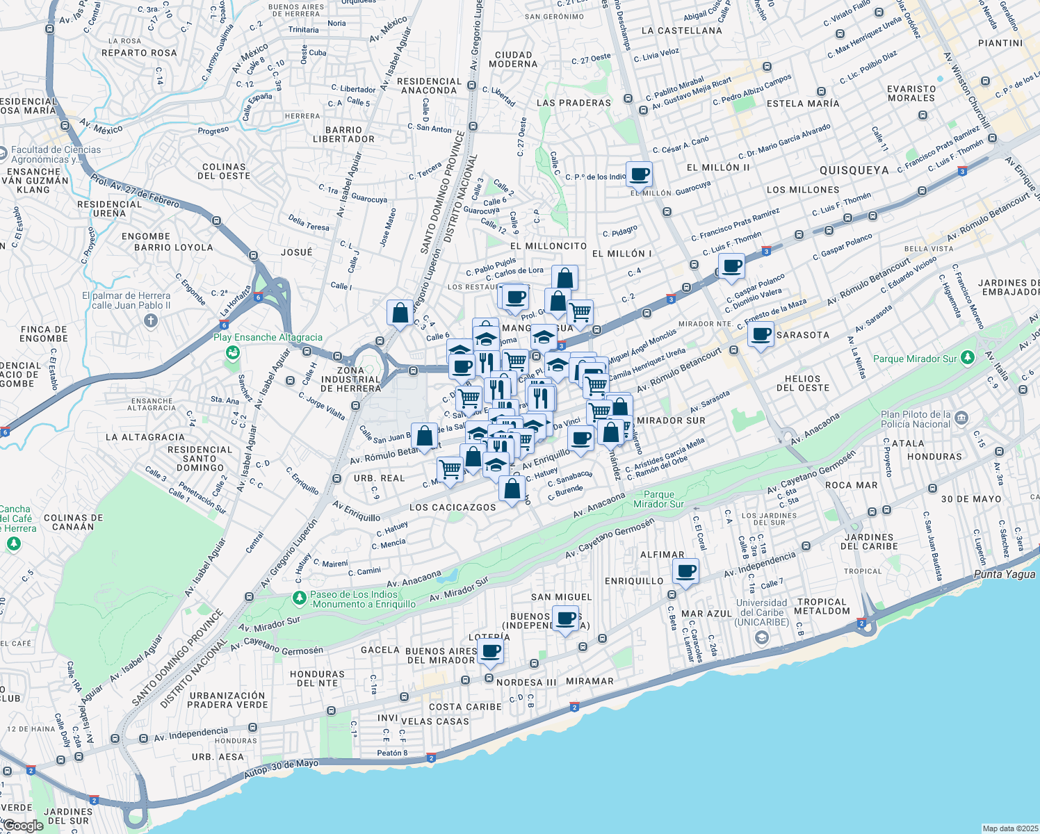 map of restaurants, bars, coffee shops, grocery stores, and more near 84 Calle San Juan Bautista de la Salle in Santo Domingo