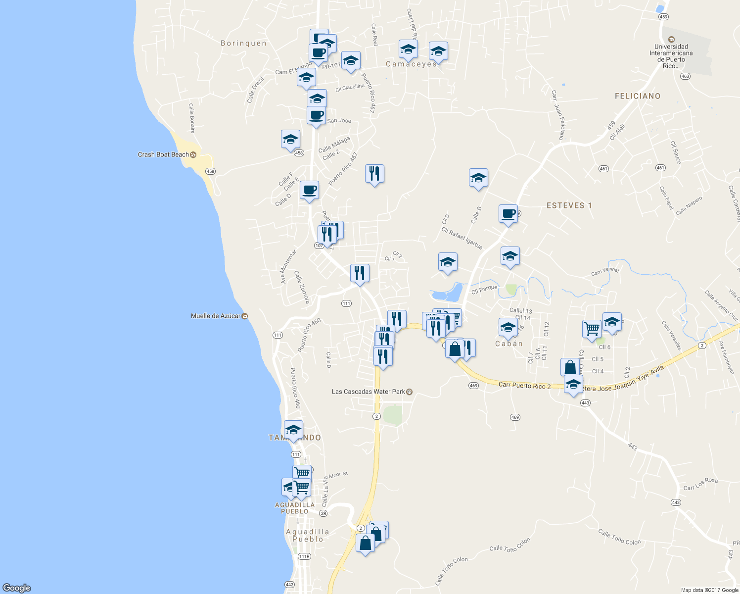map of restaurants, bars, coffee shops, grocery stores, and more near 161 Puerto Rico 107 in Aguadilla