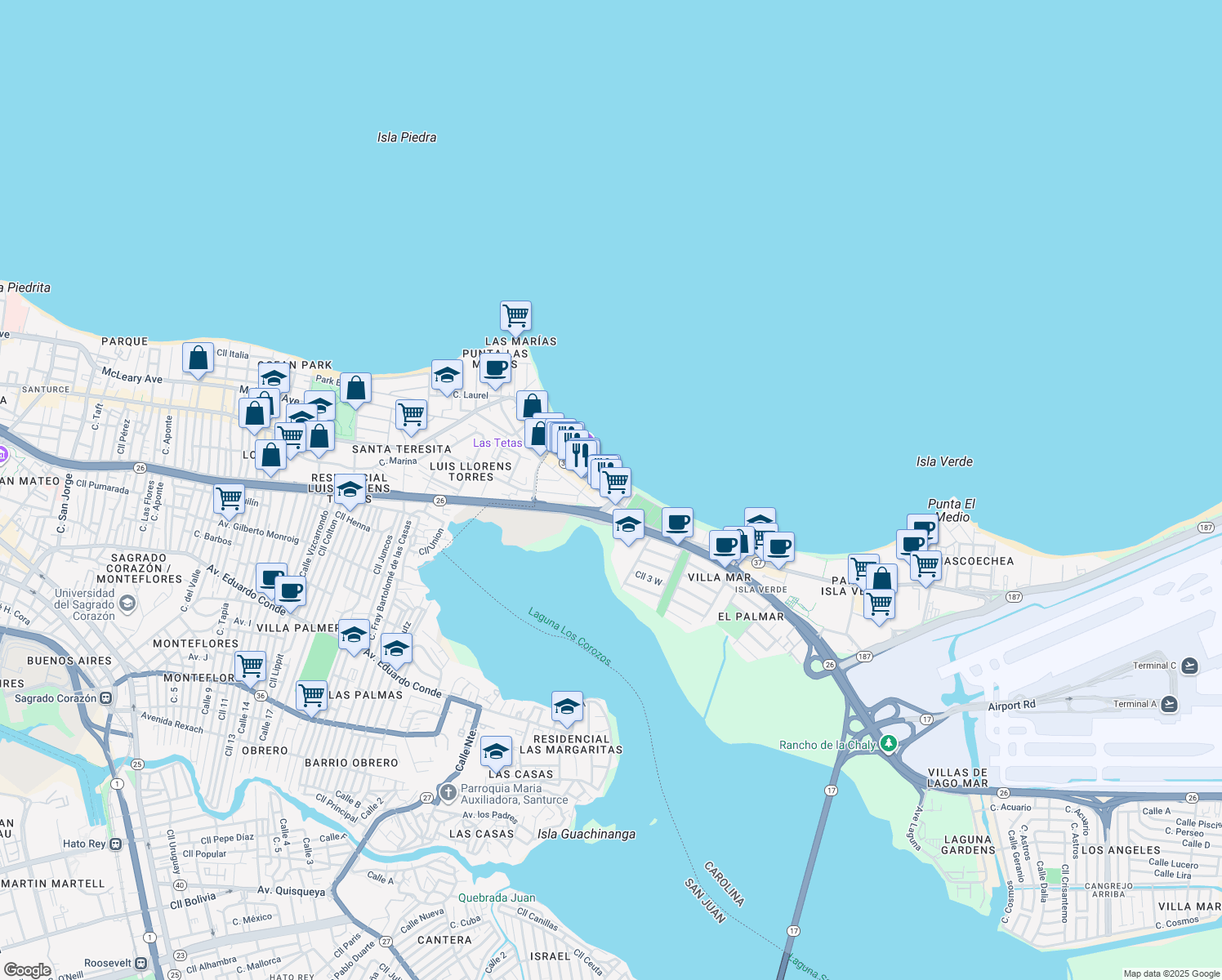 map of restaurants, bars, coffee shops, grocery stores, and more near 3819 Avenida Isla Verde in Carolina
