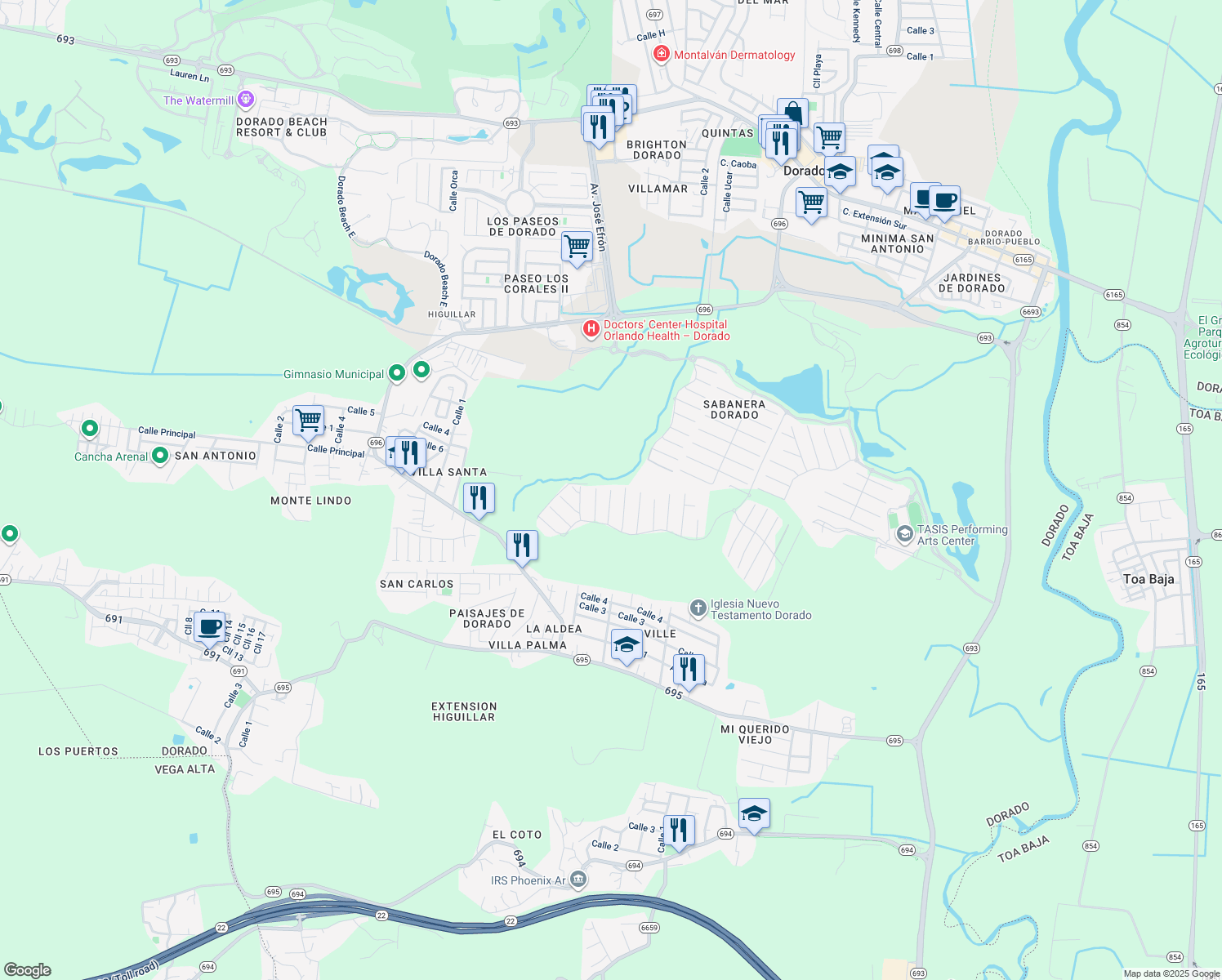 map of restaurants, bars, coffee shops, grocery stores, and more near Camino del Yunque in Dorado