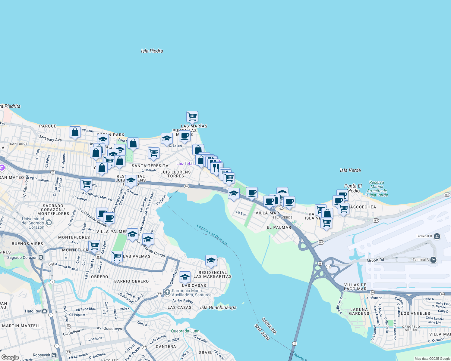 map of restaurants, bars, coffee shops, grocery stores, and more near 3819 Avenida Isla Verde in Carolina