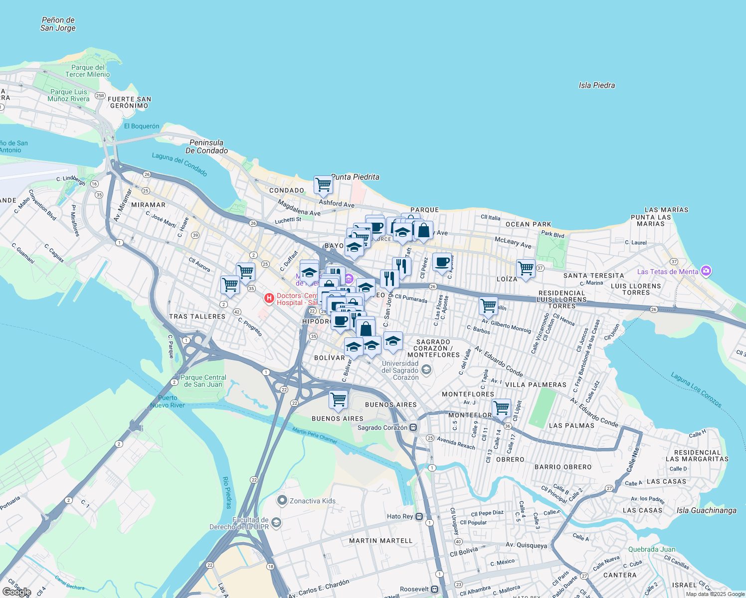 map of restaurants, bars, coffee shops, grocery stores, and more near 221-235 Calle Del Parque in San Juan