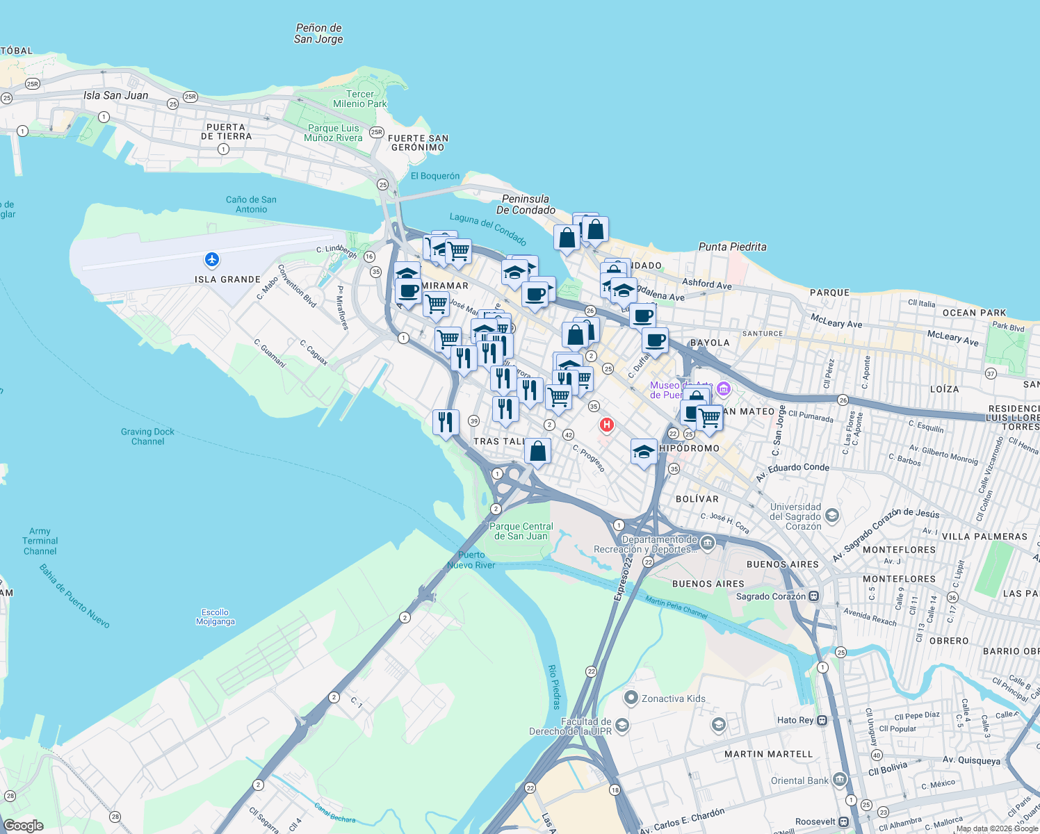 map of restaurants, bars, coffee shops, grocery stores, and more near in San Juan