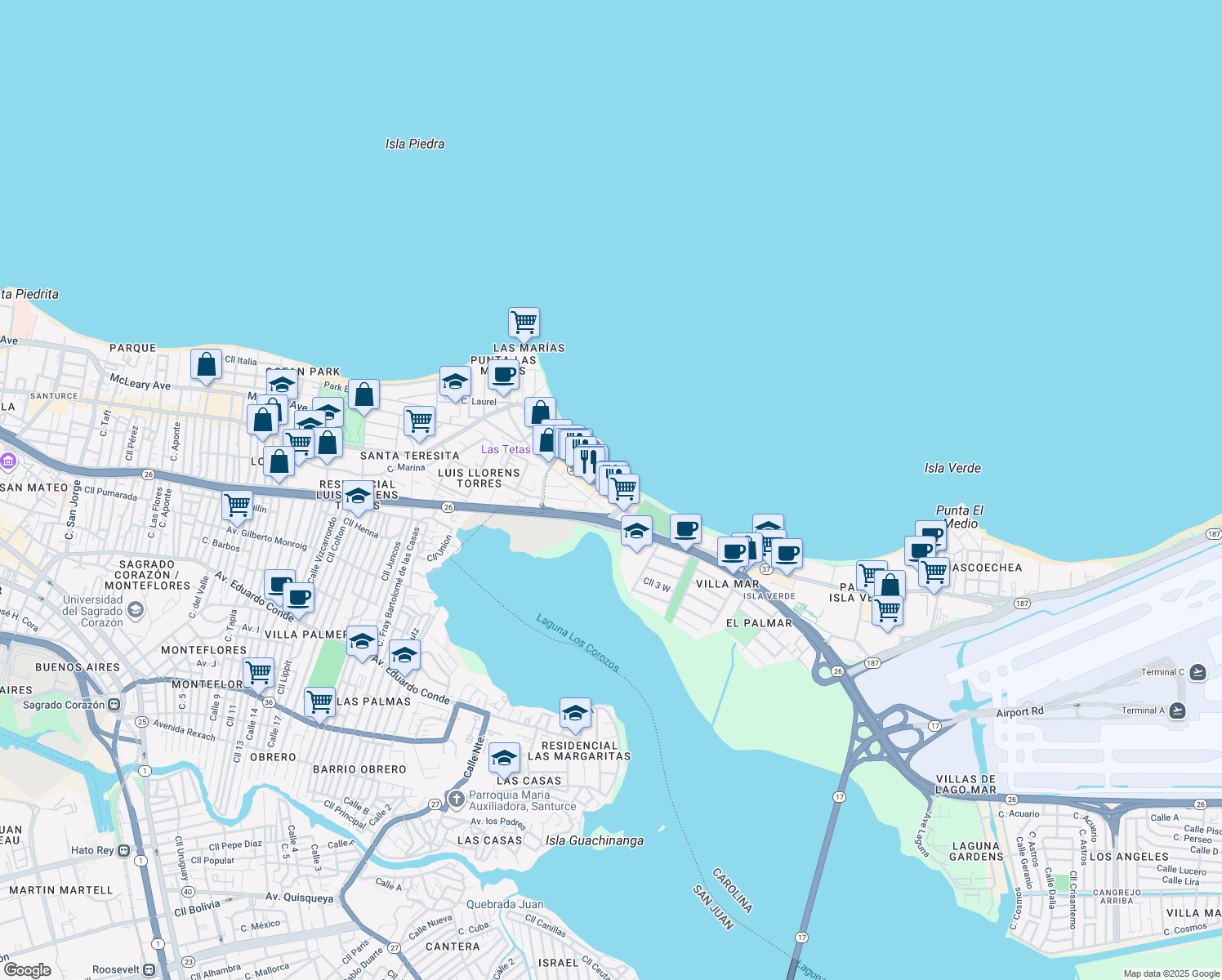 map of restaurants, bars, coffee shops, grocery stores, and more near 3819 Avenida Isla Verde in Carolina