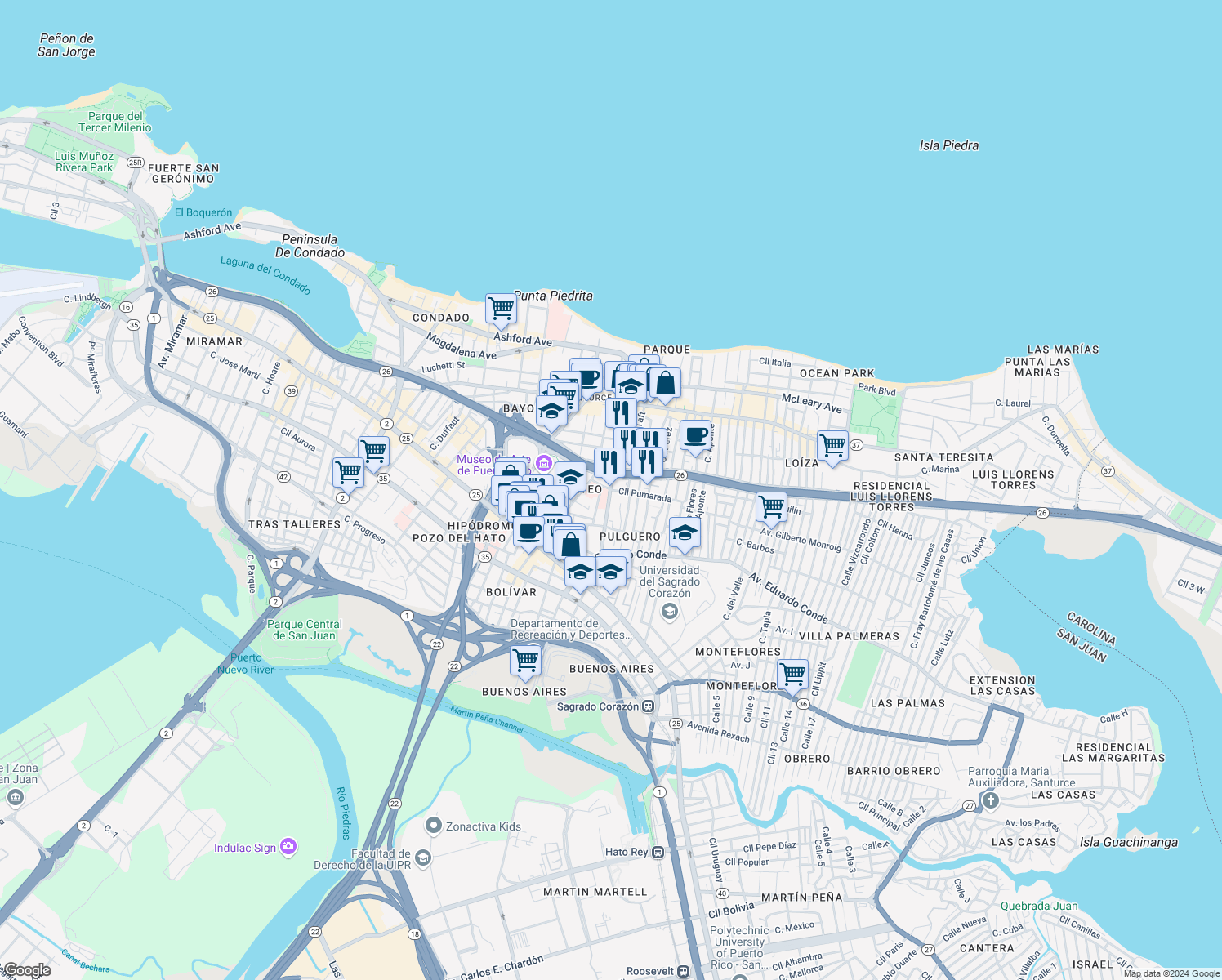 map of restaurants, bars, coffee shops, grocery stores, and more near in San Juan
