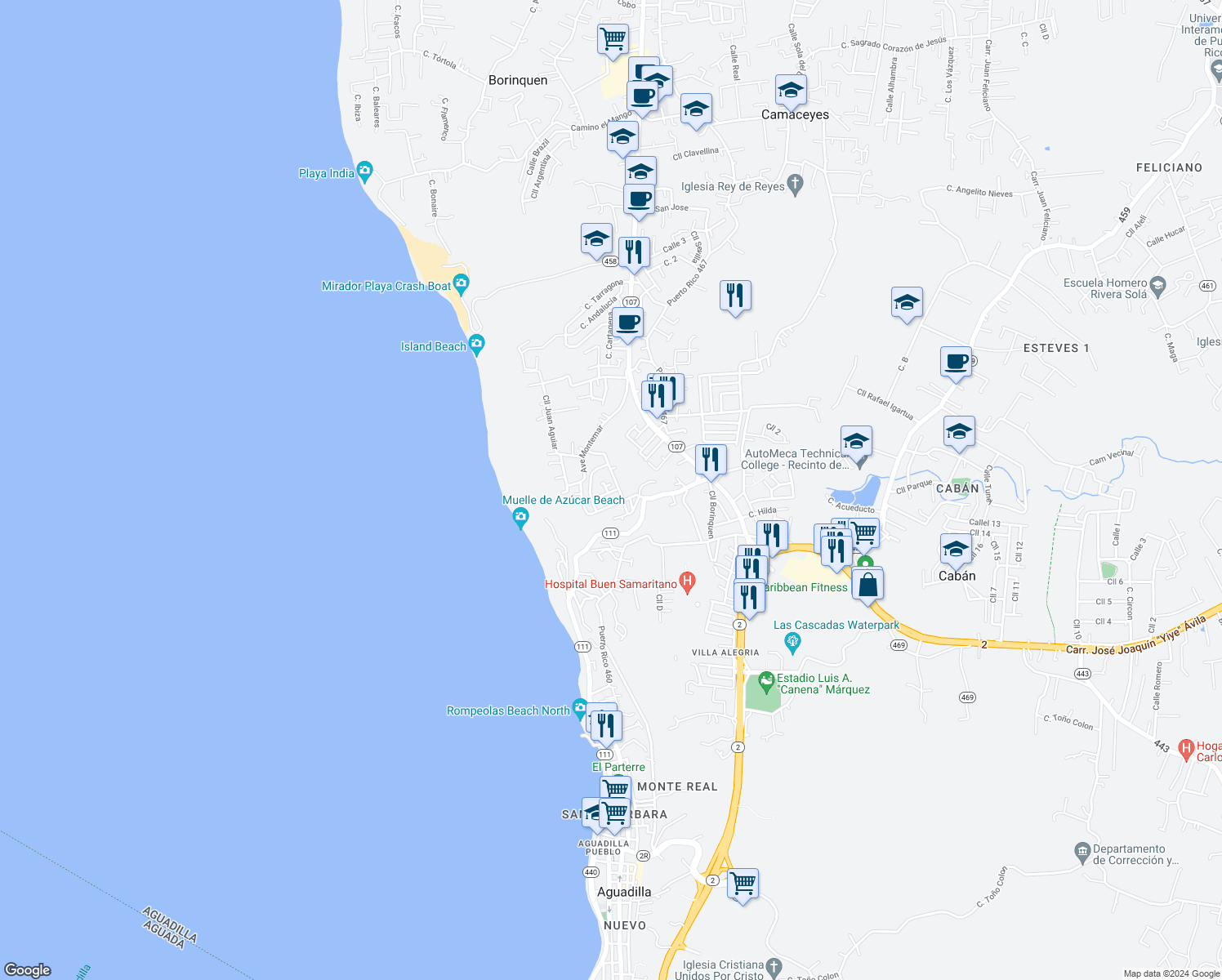 map of restaurants, bars, coffee shops, grocery stores, and more near 7 Calle Las Mercedes in Aguadilla Pueblo