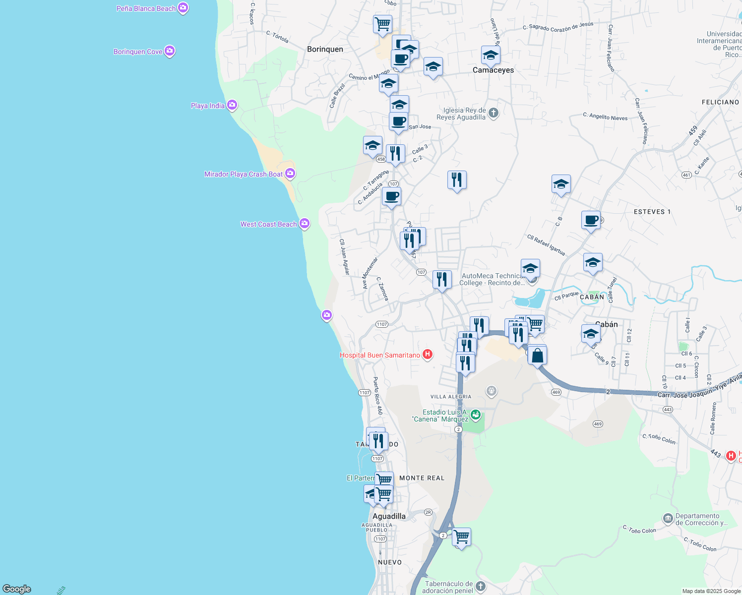 map of restaurants, bars, coffee shops, grocery stores, and more near 7 Calle Las Mercedes in Aguadilla Pueblo